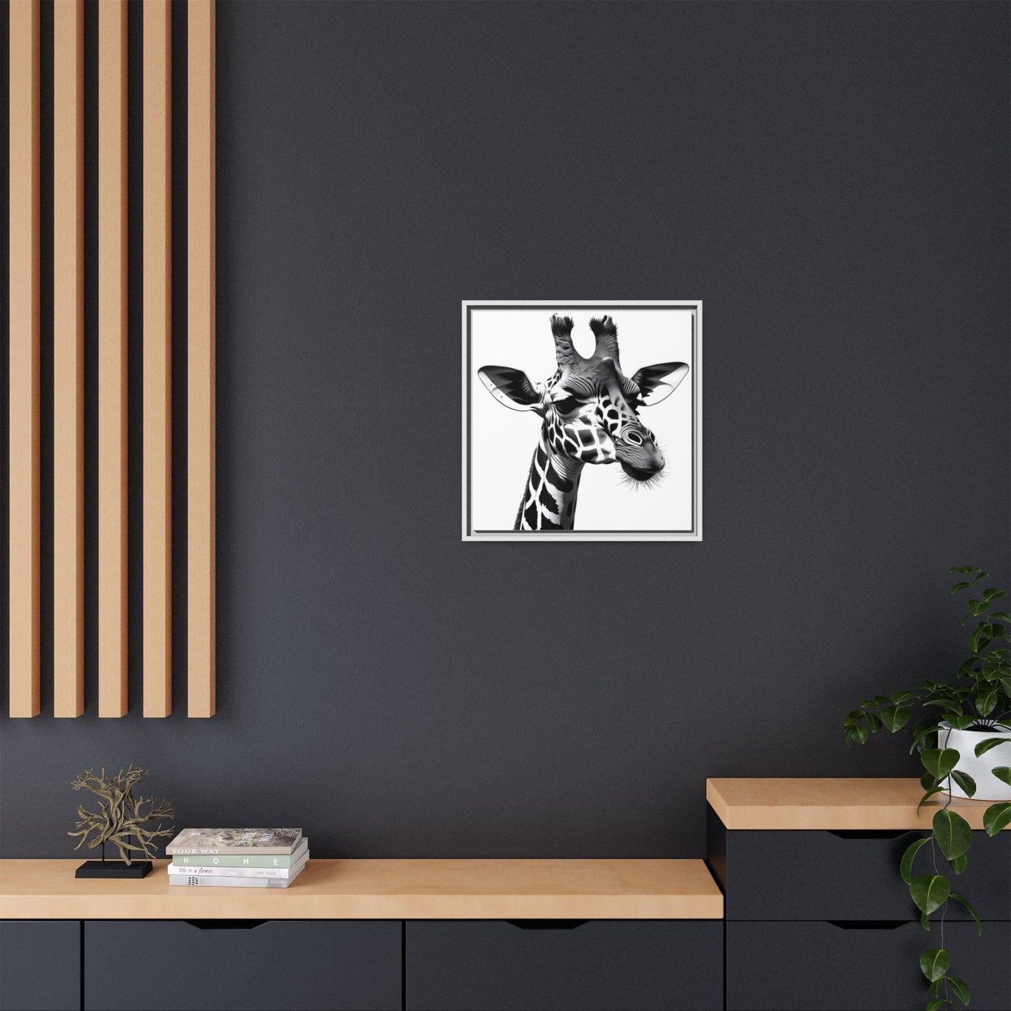 Black and White Giraffe Wall Art – Framed Safari Animal Canvas Print