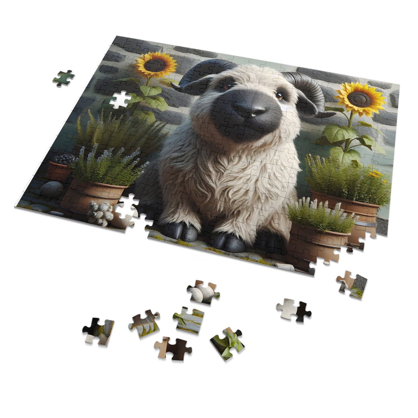 Jigsaw puzzle with a goat and sunflower design on a white background