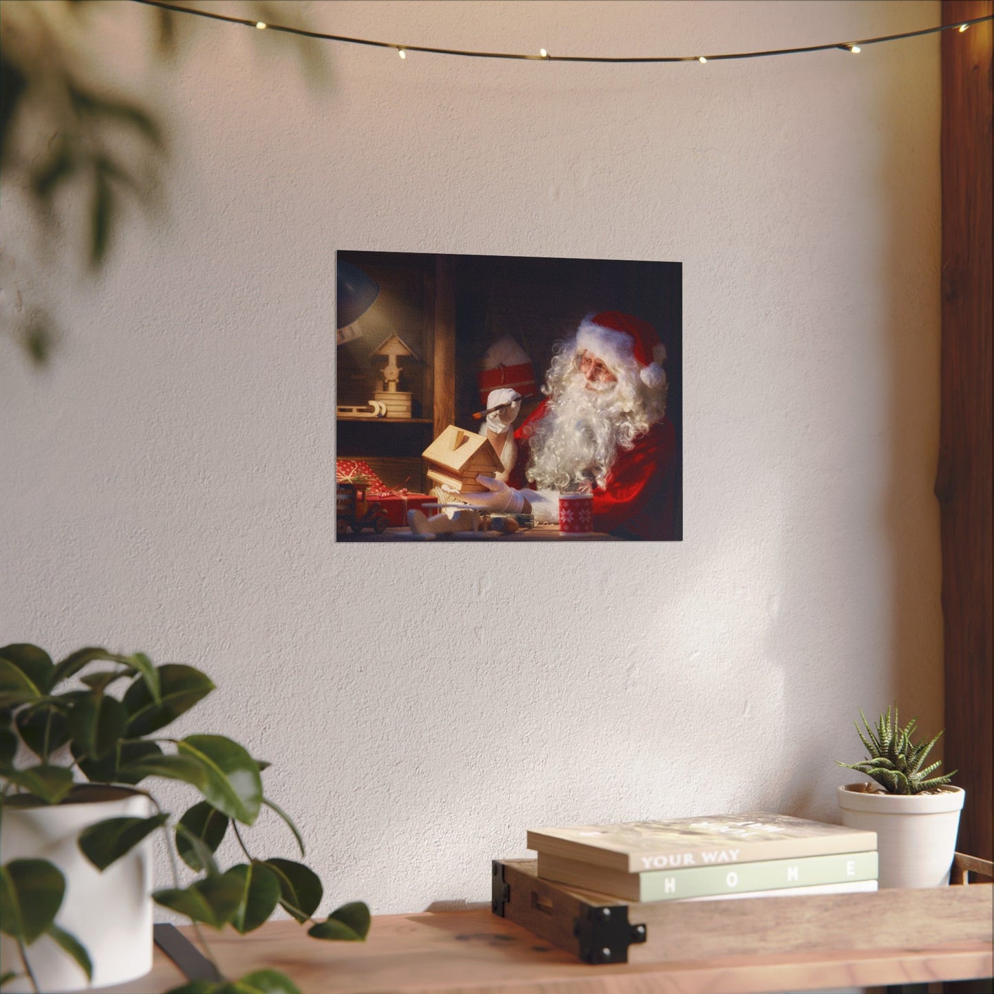 Santa's Workshop Poster, Christmas Wall Art of Santa Making Toys, Vintage Holiday Print, Santa Claus in Toy Shop, Festive Christmas Poster