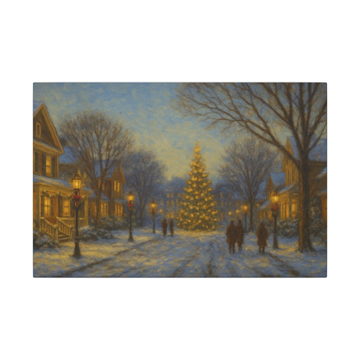 Winter scene with a decorated Christmas tree in a snowy village street at night.