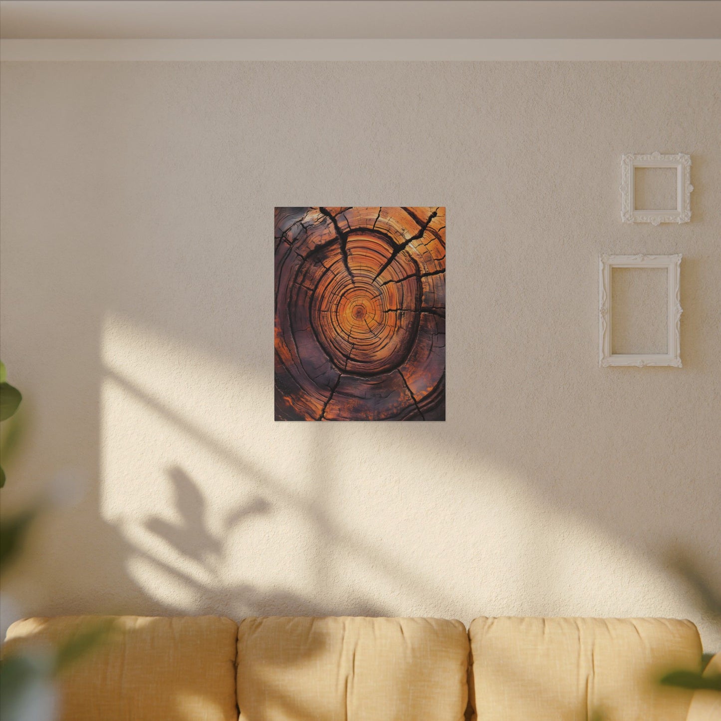 Wooden wall art on a beige wall above a sofa