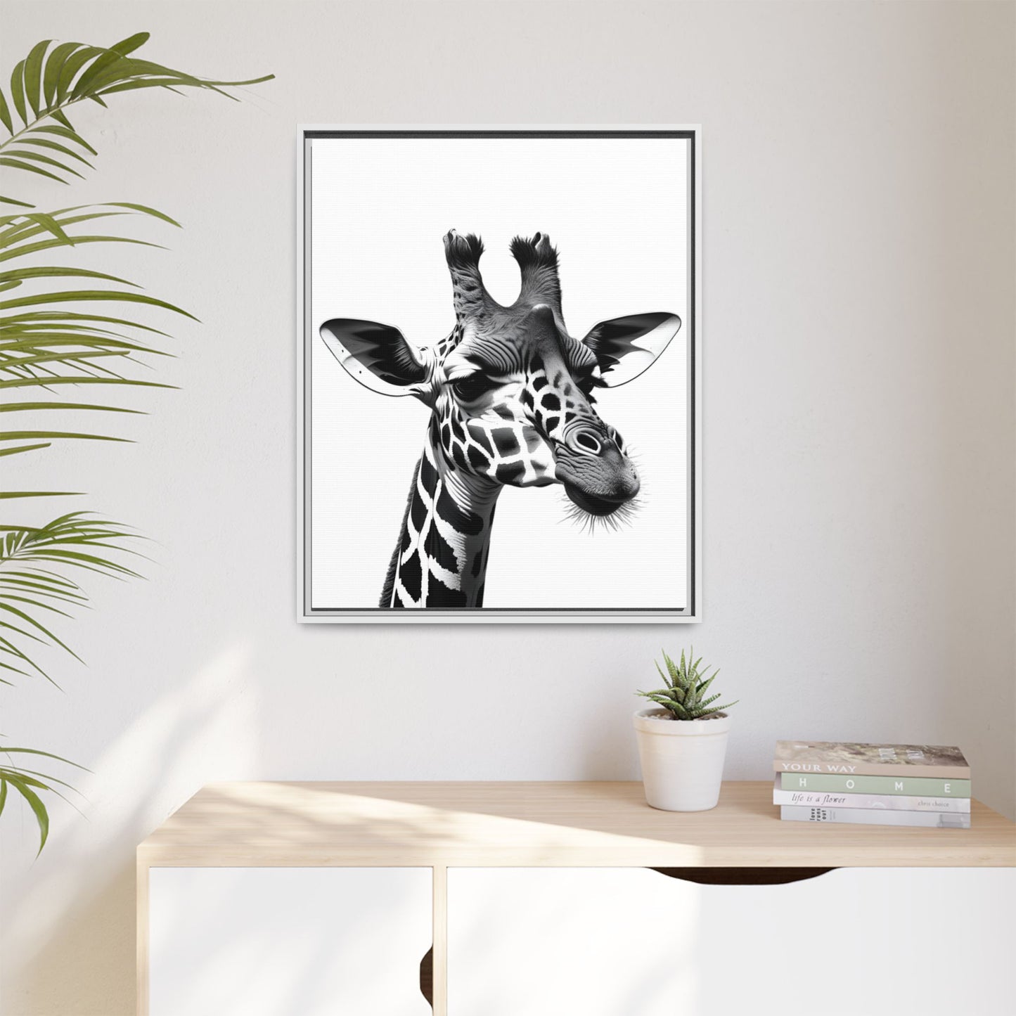 Black and White Giraffe Wall Art – Framed Safari Animal Canvas Print