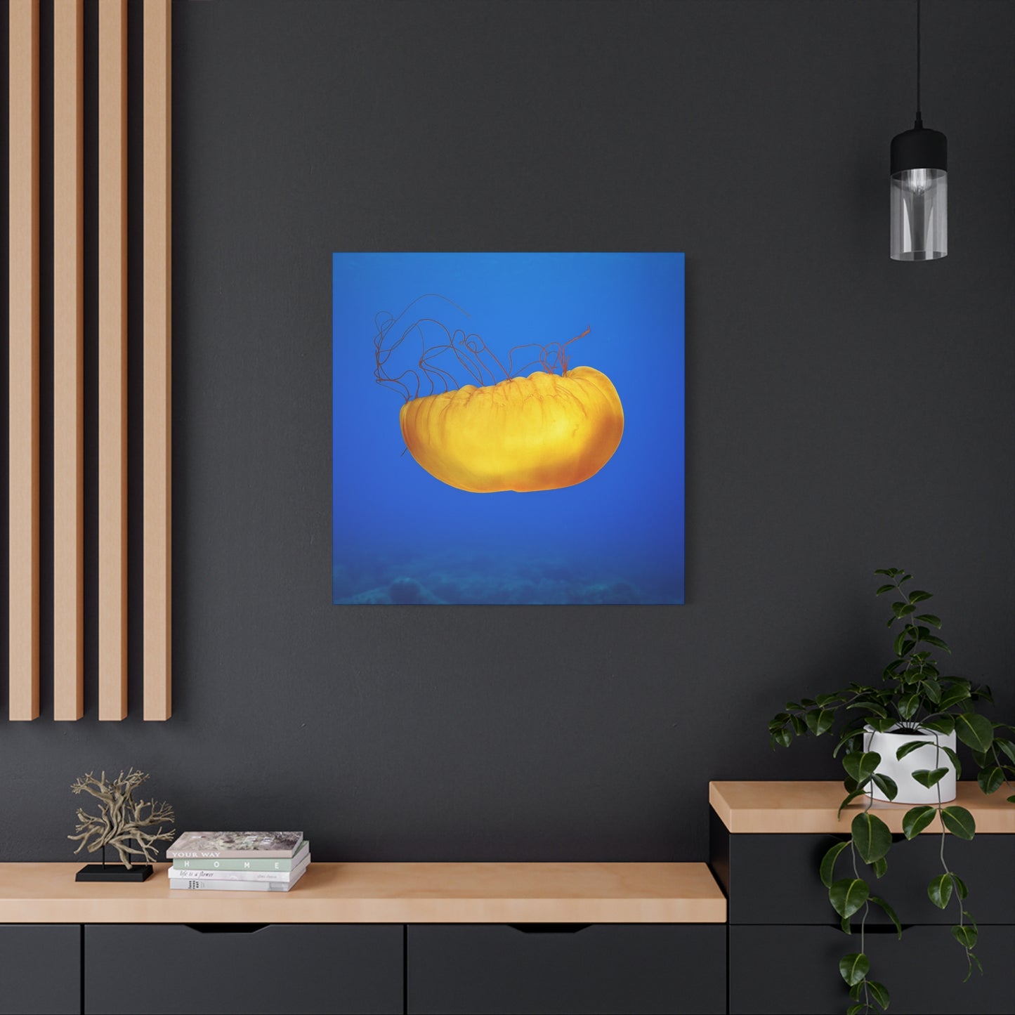 Golden Jellyfish Canvas Wall Art | Ocean Photography Print | Coastal Home Decor | Marine Life Artwork | Blue Sea Jellyfish Poster 1.25"