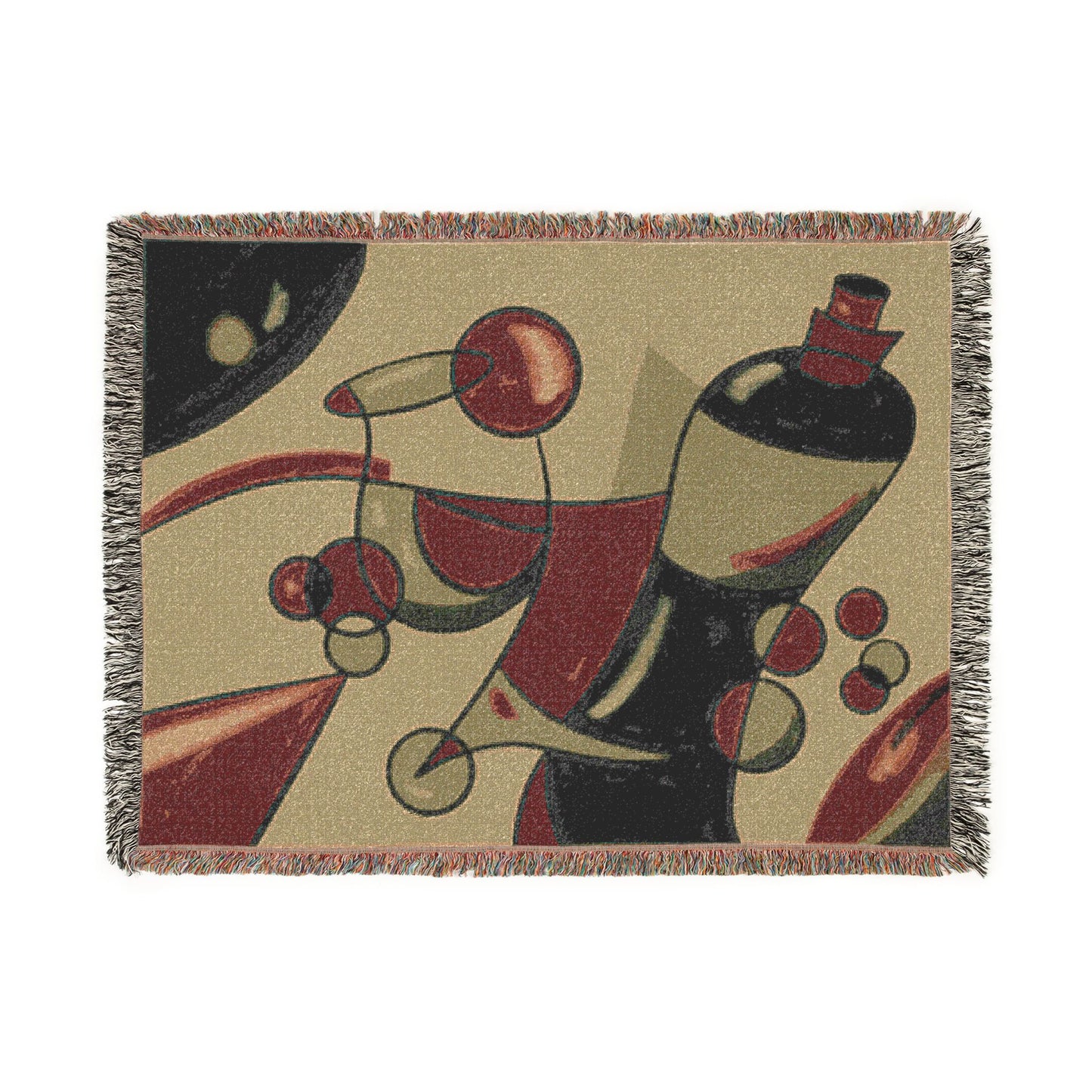 Woven blanket with abstract design of a bottle and wine glass on a beige background