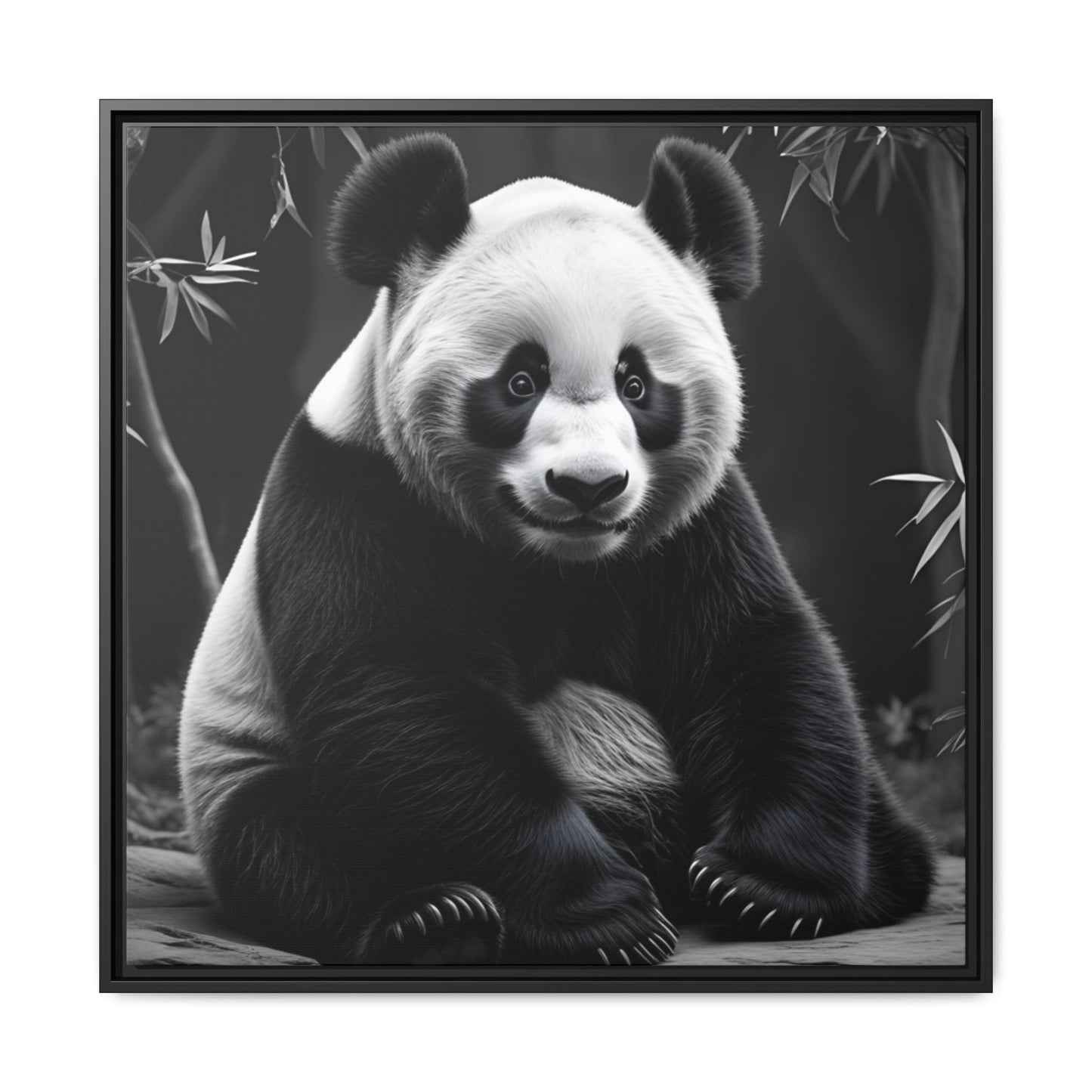 Black and white panda bear sitting on a branch with bamboo leaves in the background