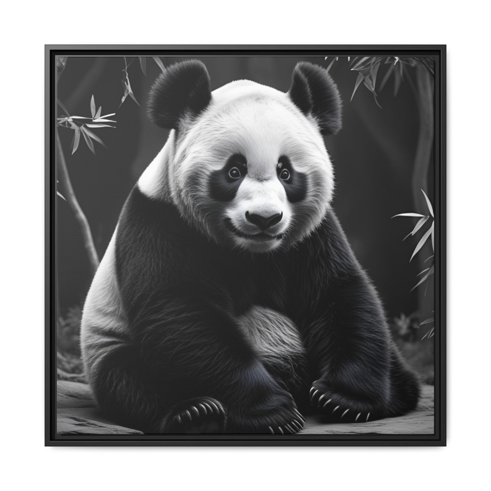 Black and white panda bear sitting on a branch with bamboo leaves in the background
