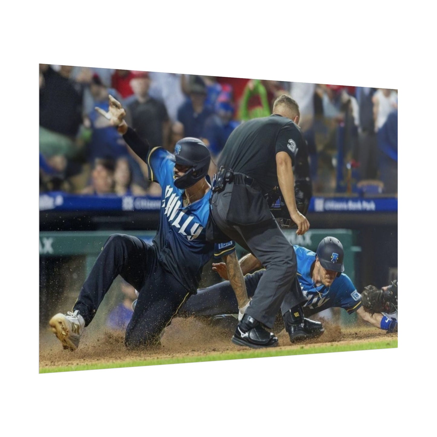Double Slide Phillies Poster Nick Castellanos J.T. Realmuto Sliding Home Philadelphia Baseball Fan Art MLB Play Tribute Philly Sports Decor