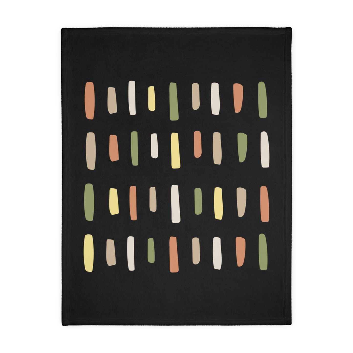 Black blanket with colorful abstract pattern on a white background