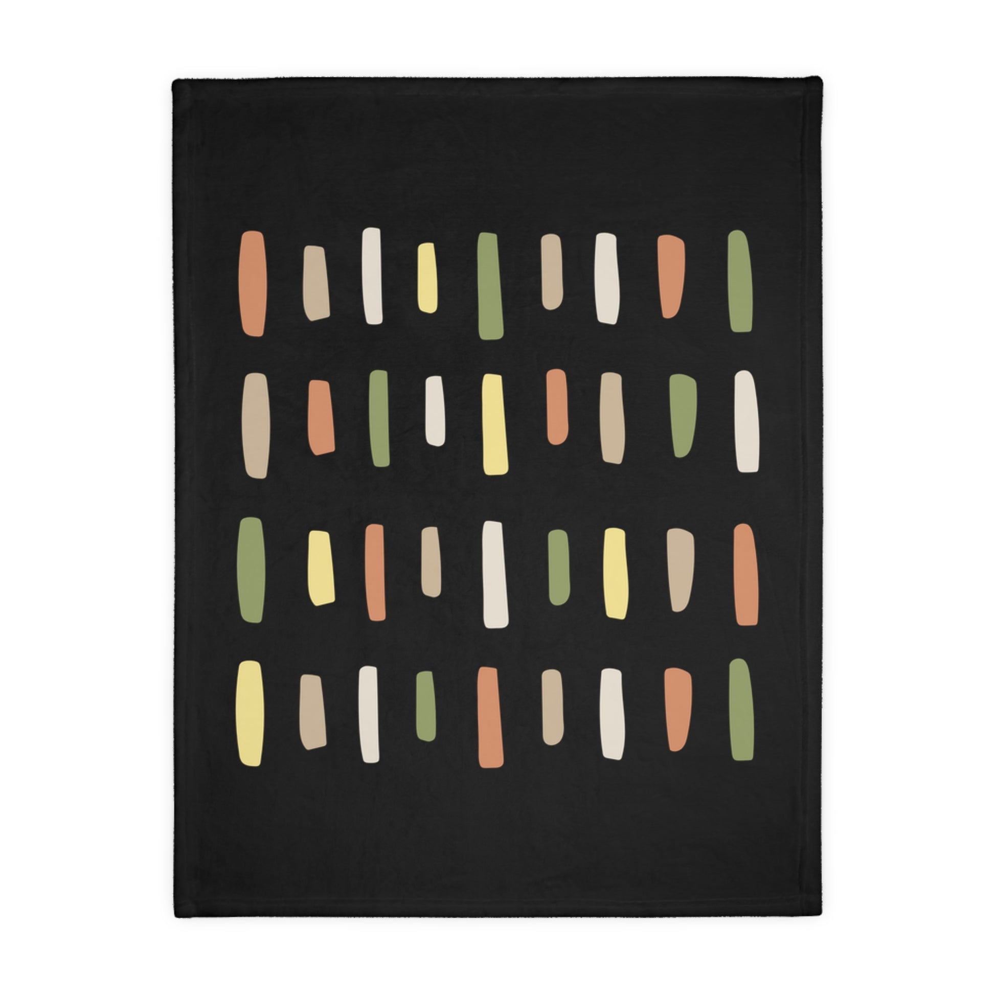 Black blanket with colorful abstract pattern on a white background