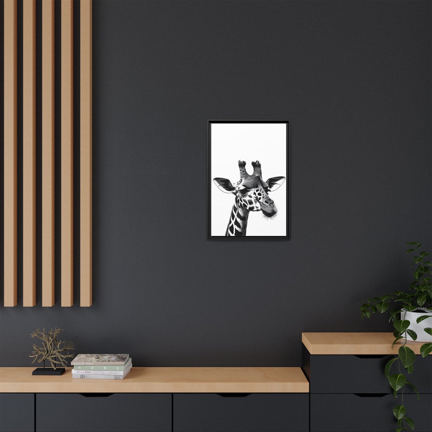 Black and White Giraffe Wall Art – Framed Safari Animal Canvas Print