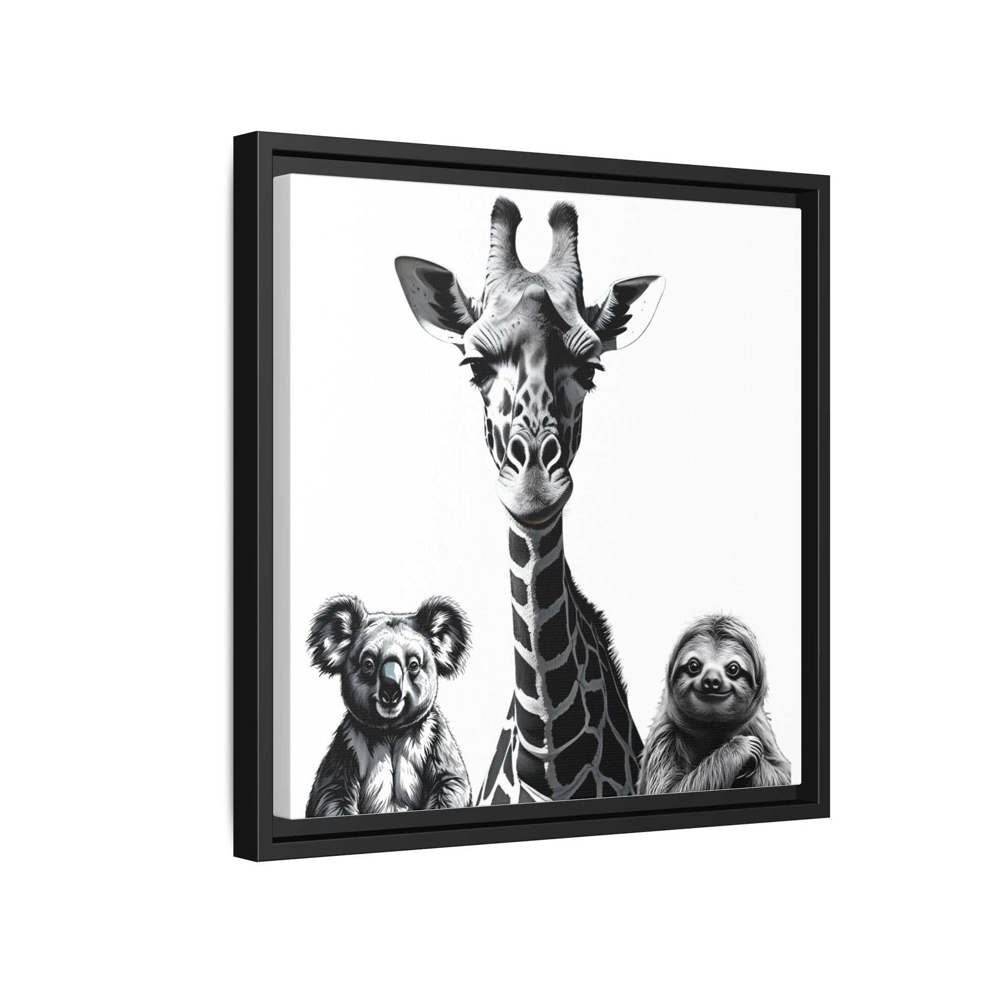 Framed artwork with a giraffe, koala, and sloth on a white background