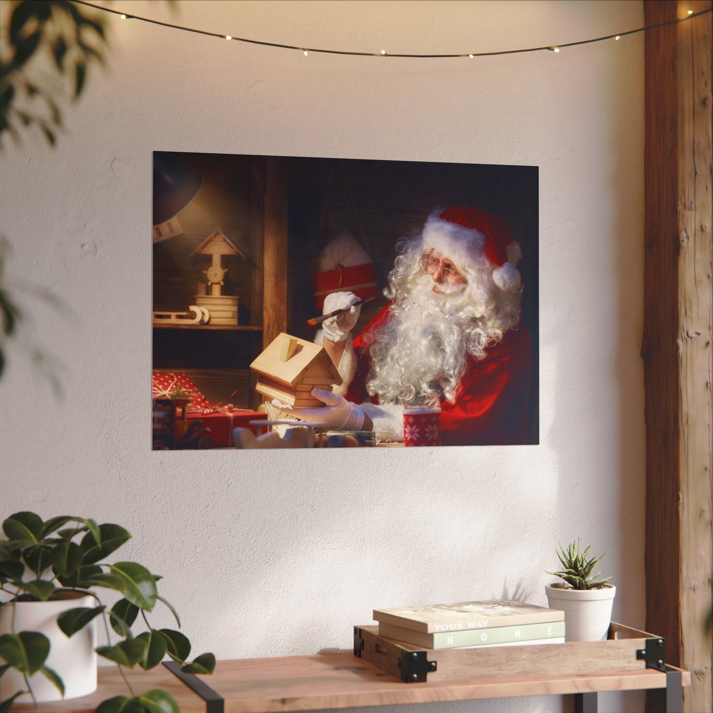 Santa's Workshop Poster, Christmas Wall Art of Santa Making Toys, Vintage Holiday Print, Santa Claus in Toy Shop, Festive Christmas Poster