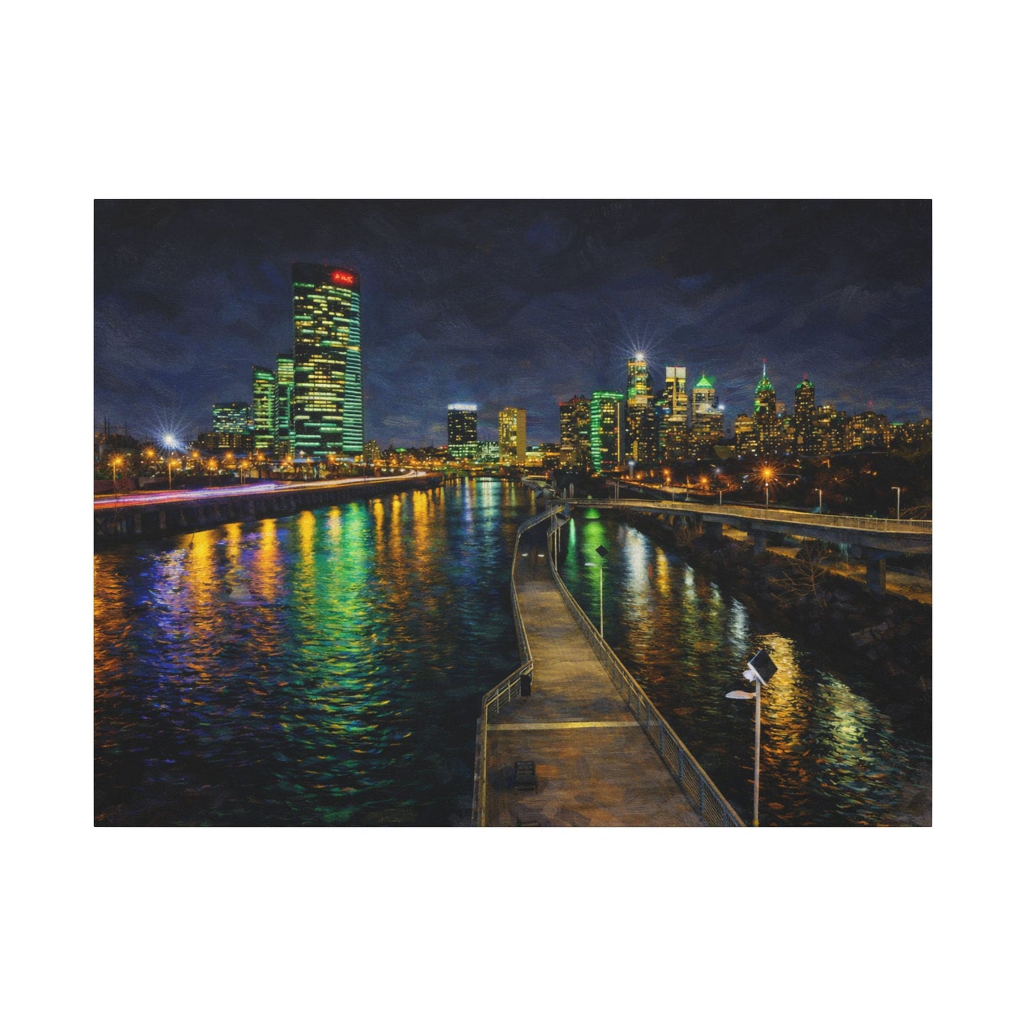 City skyline at night with illuminated buildings reflected in a body of water, viewed from a dock.