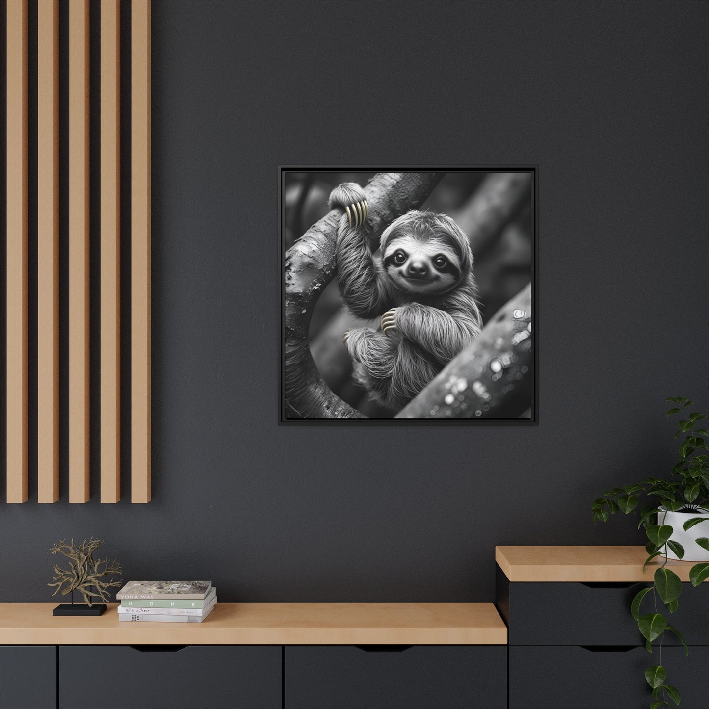 Smiling Sloth Hanging on Tree Branch Wall Art on Framed Canvas, Sloth Lover Gift, Nursery Decor, Wildlife Artwork