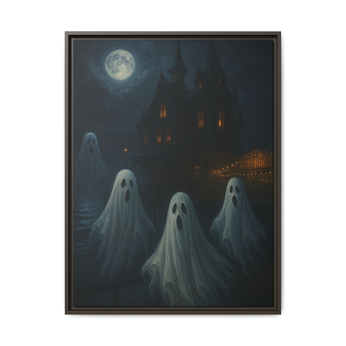 Haunted House Ghost Canvas Wall Art – Spooky Halloween Framed Art, Vintage Horror Decor, Gothic Night Scene Print
