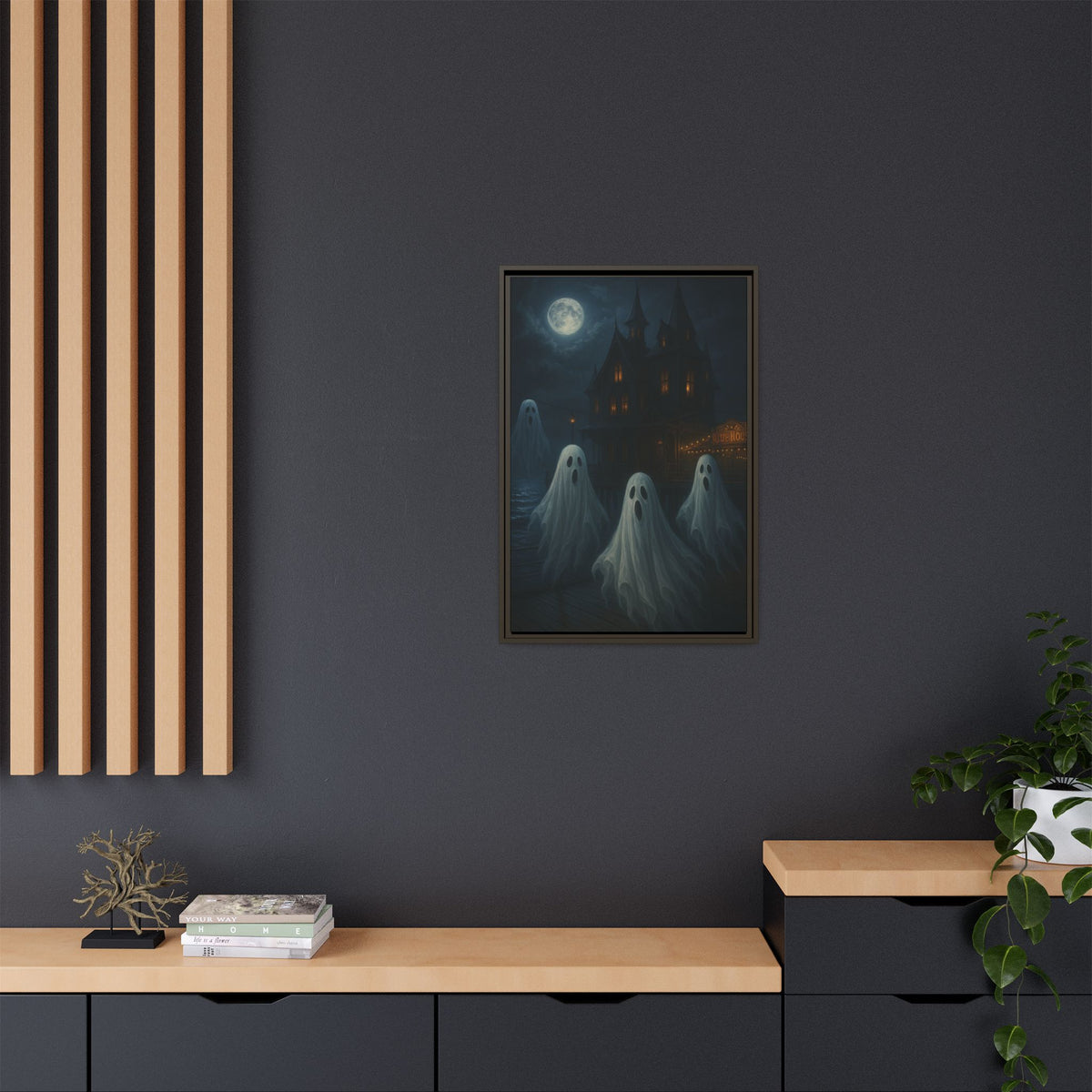 Haunted House Ghost Canvas Wall Art – Spooky Halloween Framed Art, Vintage Horror Decor, Gothic Night Scene Print