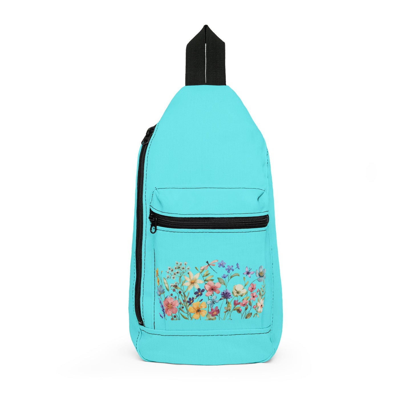 Turquoise sling bag with floral design on a white background