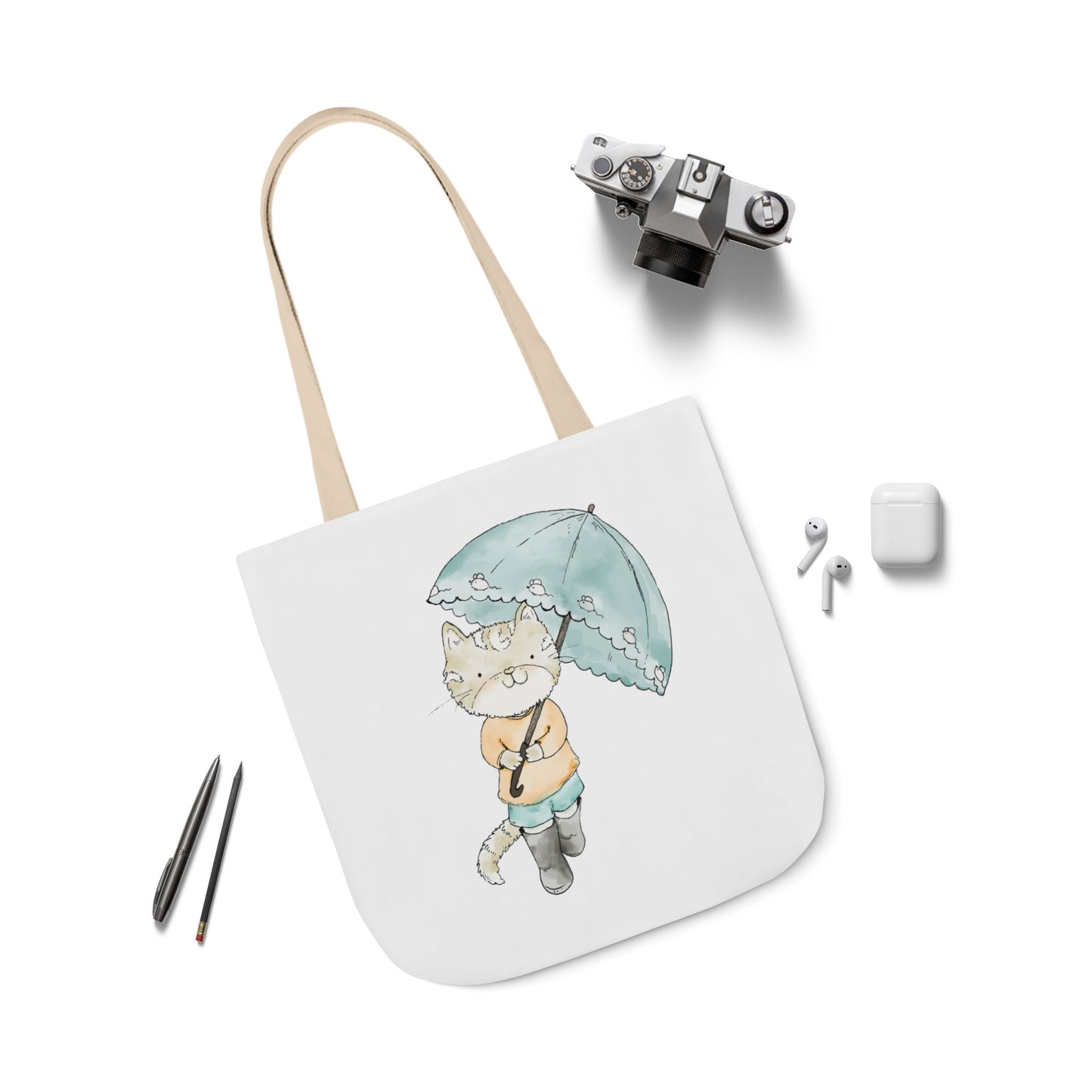 Cat Lover Tote Bag Cute Kitty with Umbrella Rain Boots Cat Lover Eco Tote Bag