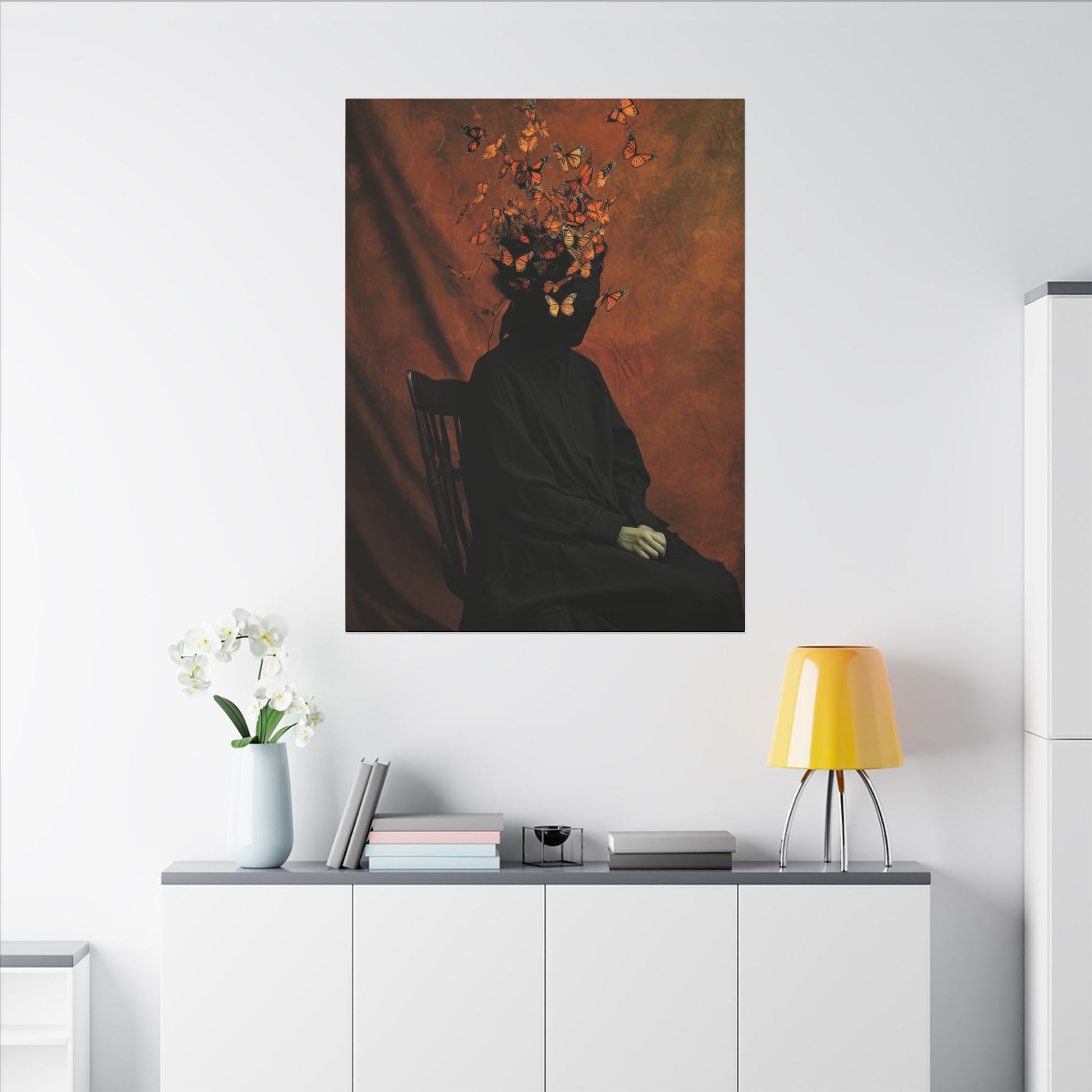 Artistic portrait of a person with flowers on their head in a modern interior setting.
