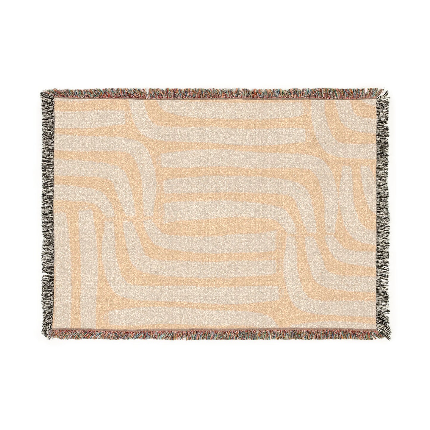 Woven blanket with geometric pattern on a white background