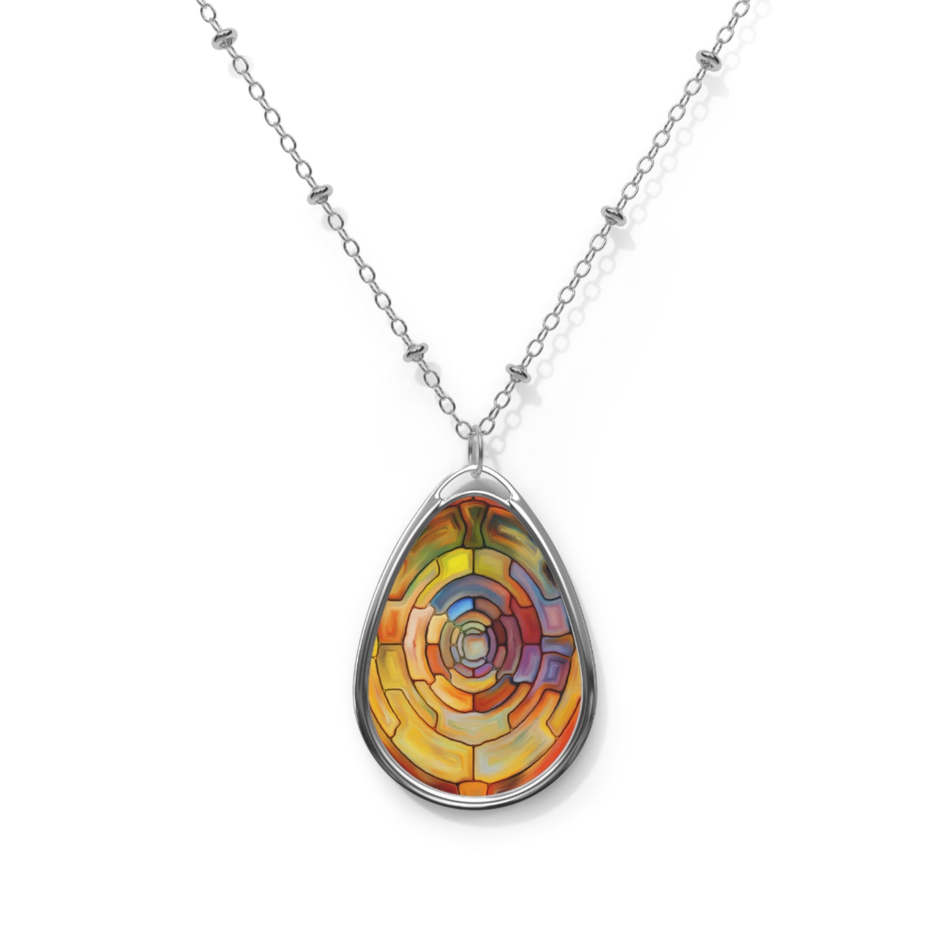 Necklace with a colorful teardrop-shaped pendant on a white background