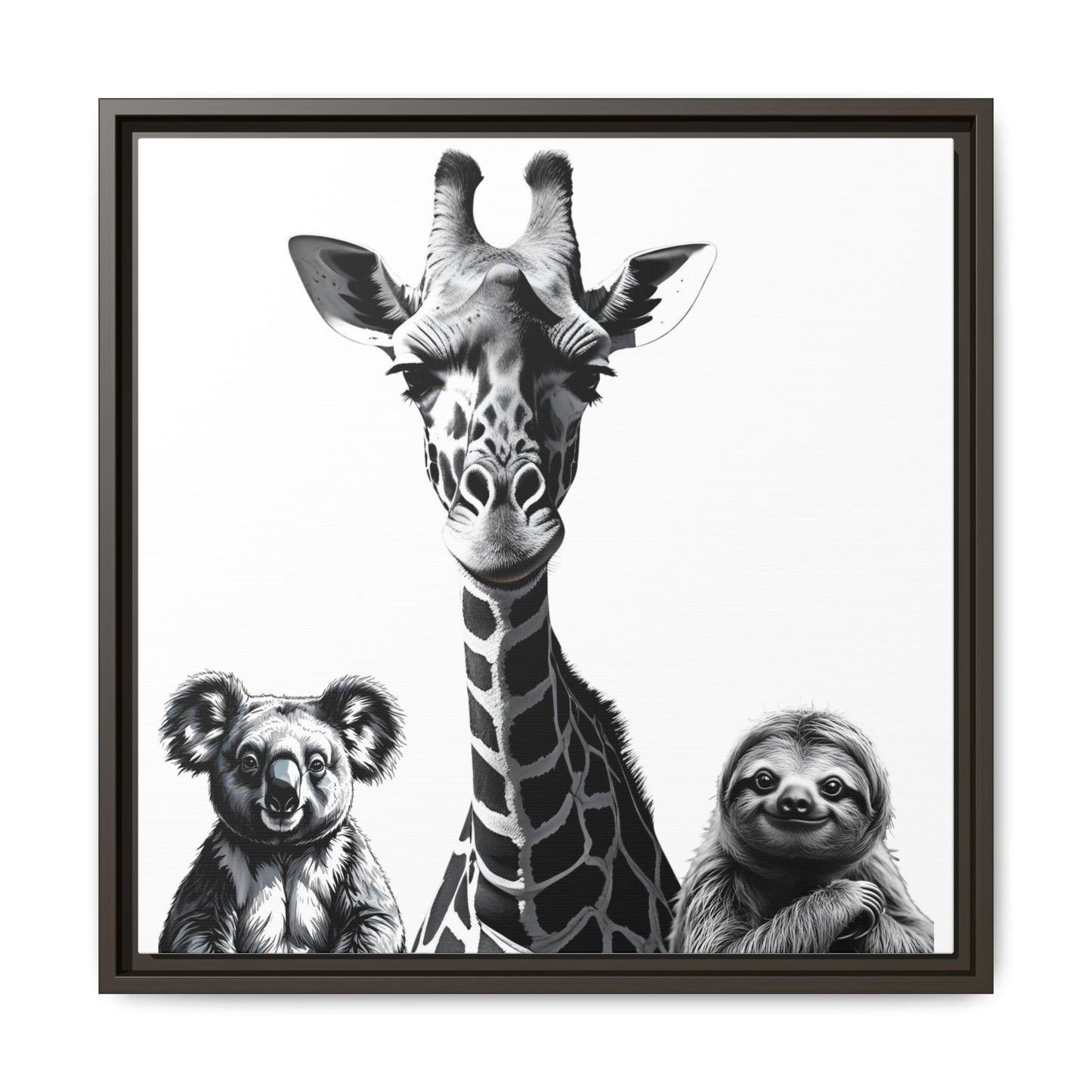 Framed artwork of a giraffe, koala, and sloth on a white background