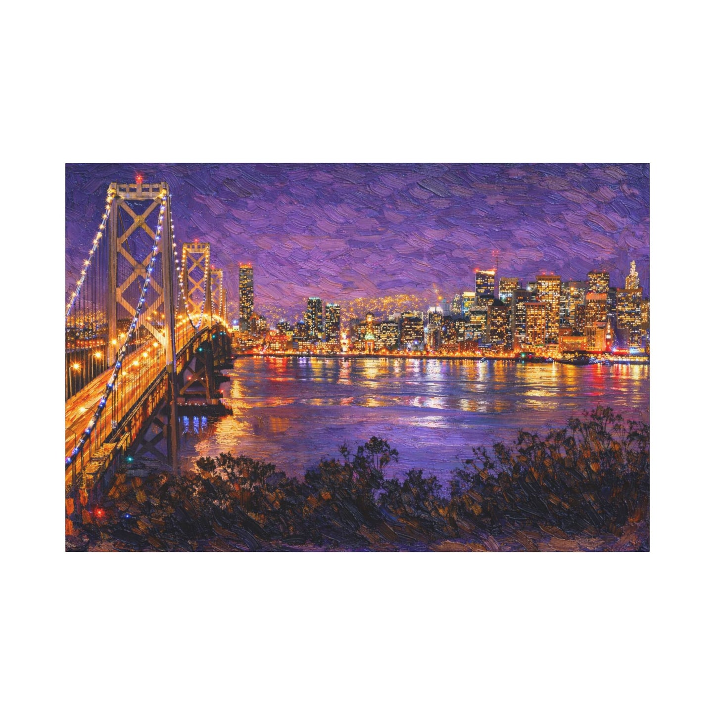 San Francisco Skyline Canvas Wall Art, Bay Bridge Night Painting, Impasto Style Artwork