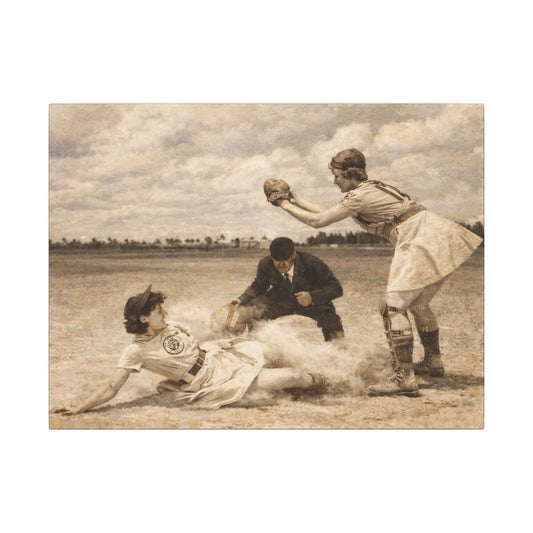 Vintage Women's Baseball Slide Sepia Canvas | Matte Stretched Wall Art