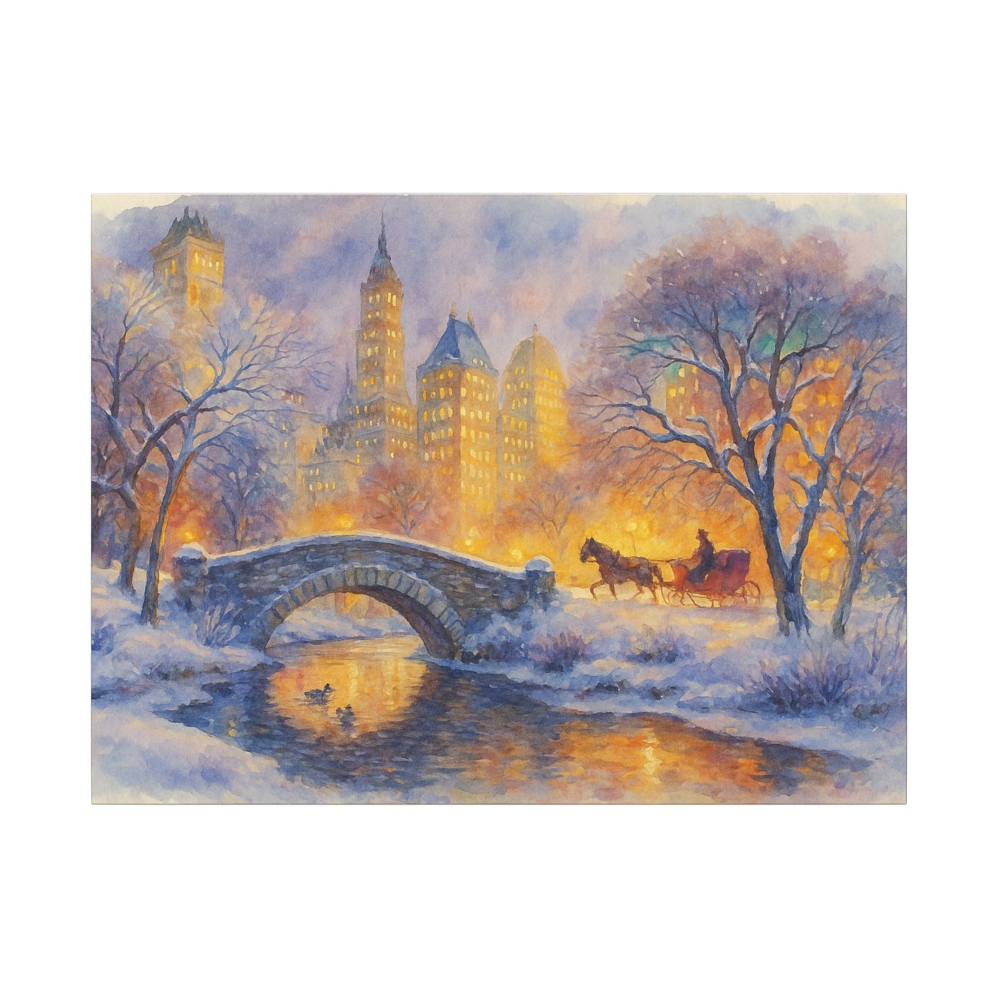 Winter scene with a bridge, trees, and a horse-drawn carriage in a cityscape.