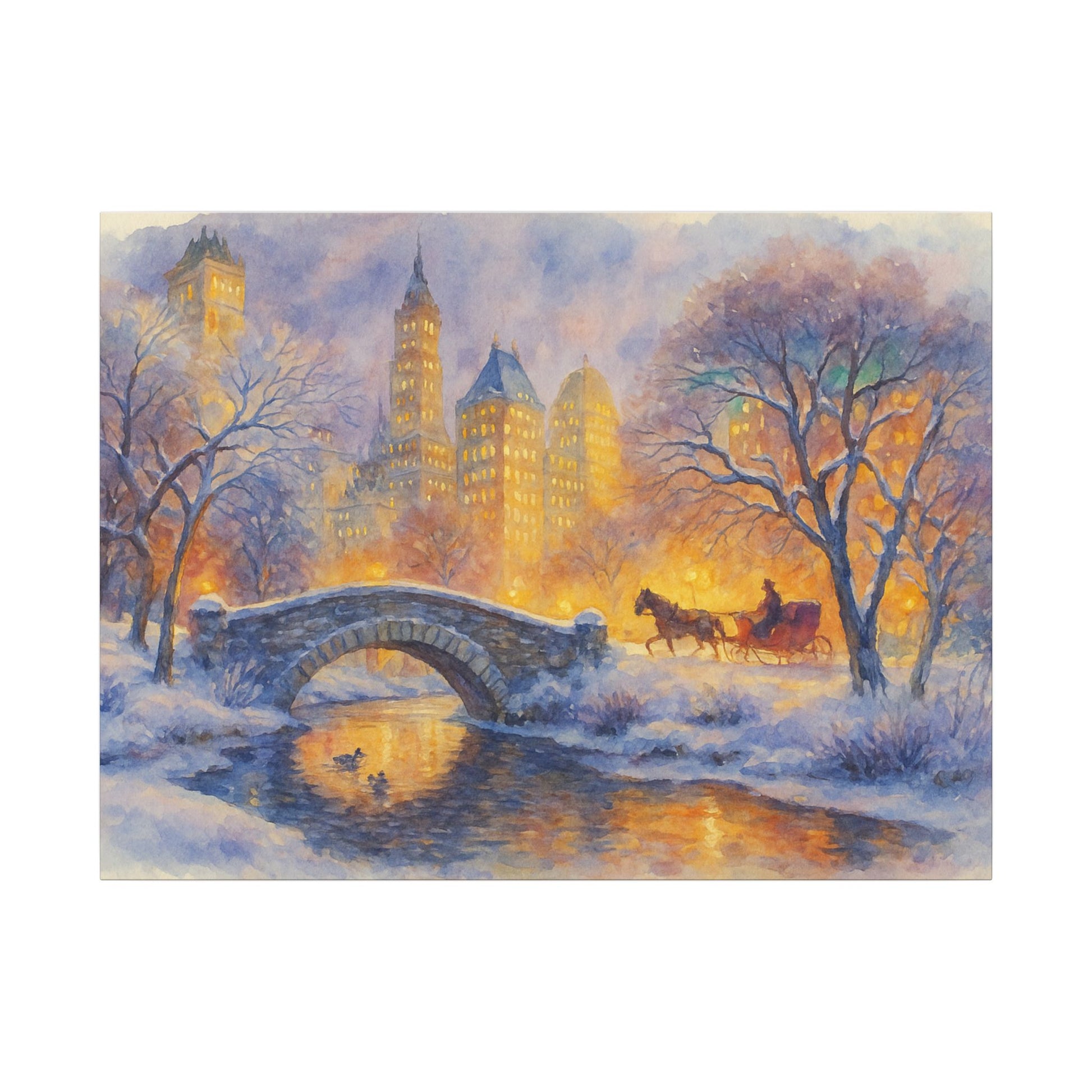 Winter scene with a bridge, trees, and a horse-drawn carriage in a cityscape.