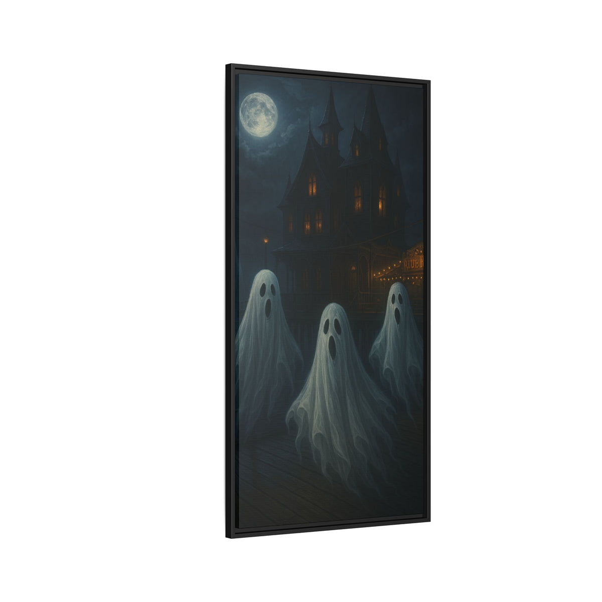 Haunted House Ghost Canvas Wall Art – Spooky Halloween Framed Art, Vintage Horror Decor, Gothic Night Scene Print