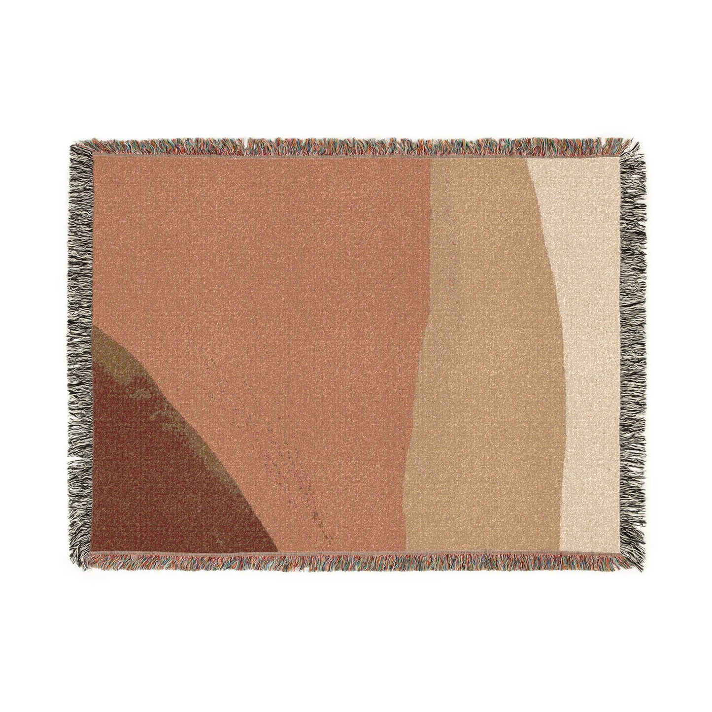 Woven blanket with geometric pattern in earthy tones on a white background