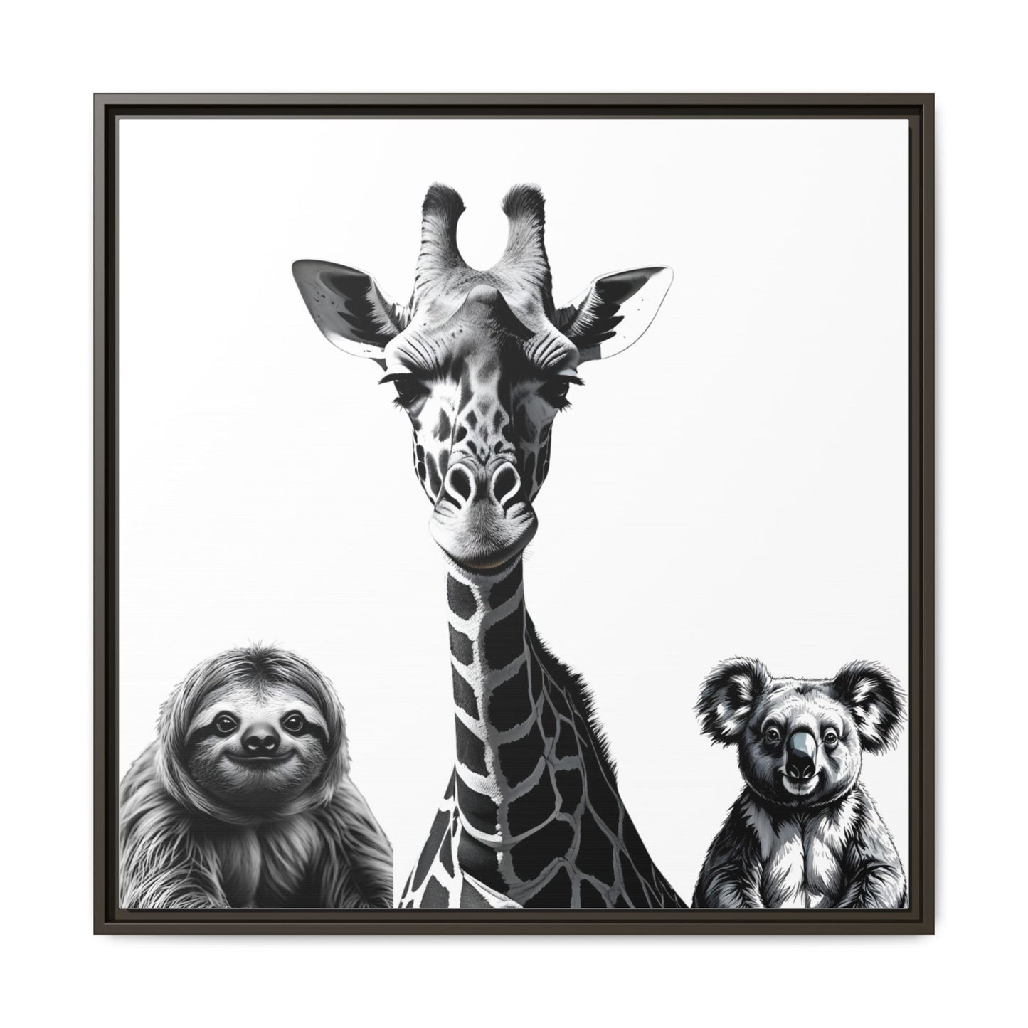 framed playful animal giraffe, sloth, koala print