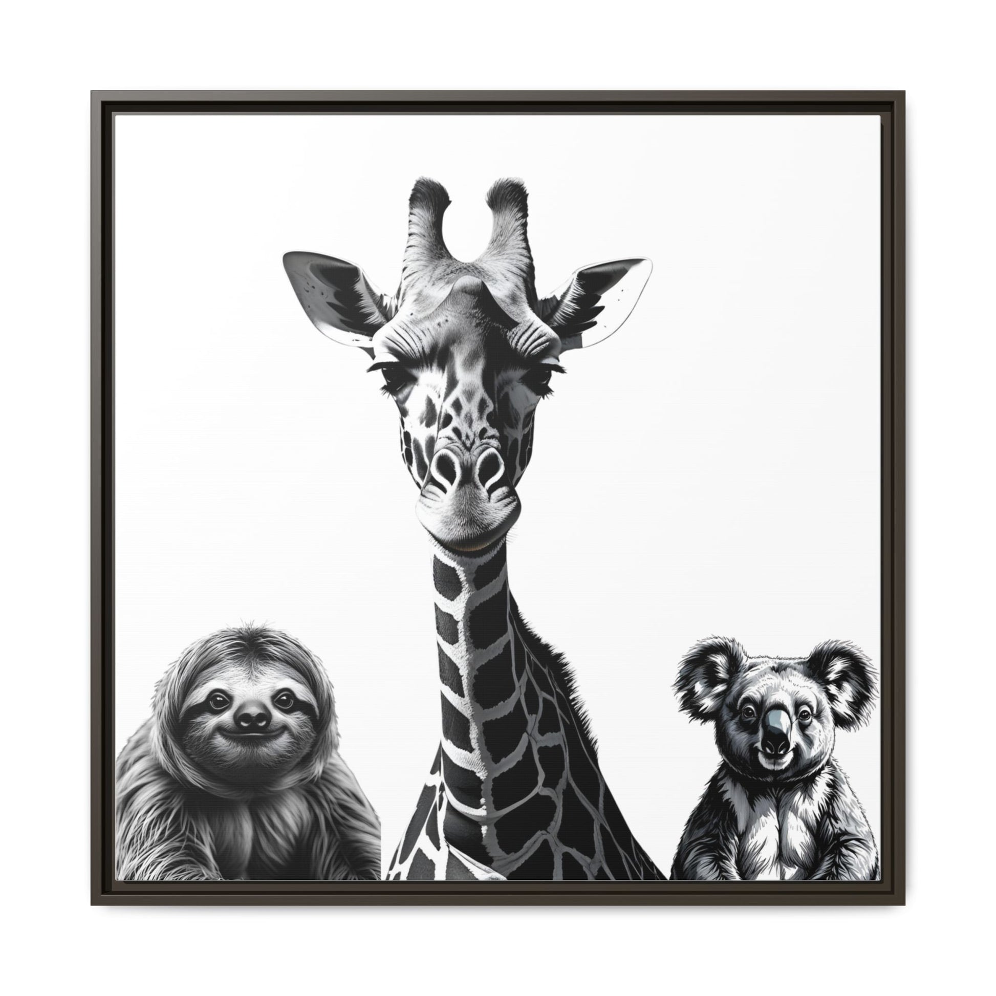 framed playful animal giraffe, sloth, koala print