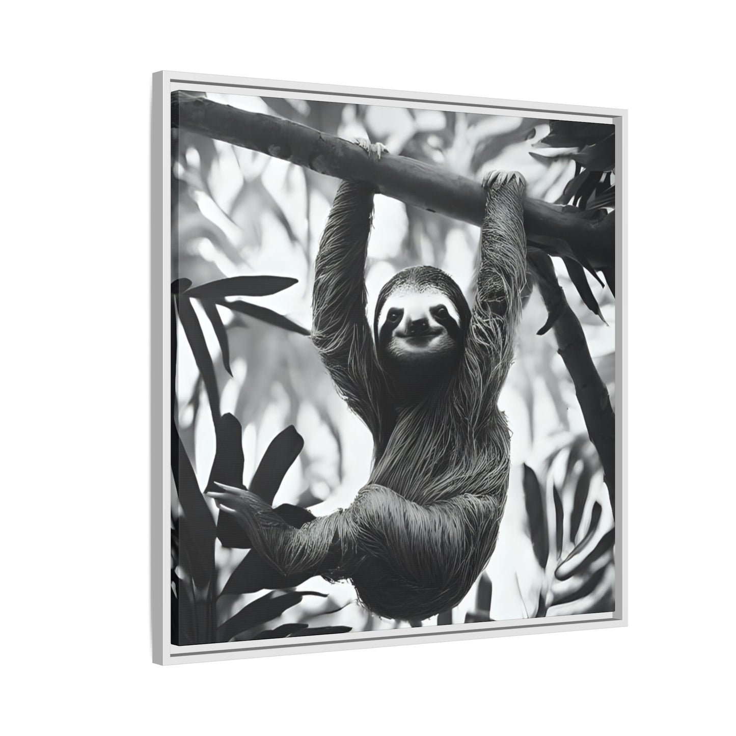 Playful Sloth Hanging from Tree Branch Black & White Animal Wall Art, Cute Sloth Photography Print, Jungle Theme Home Deco