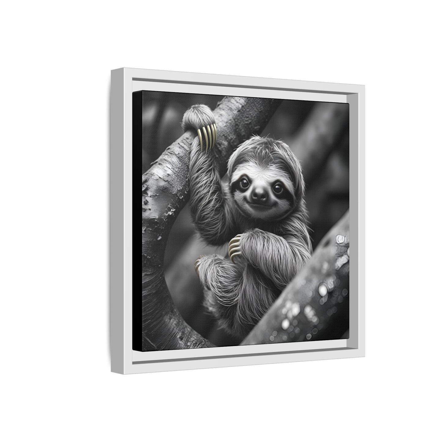 Smiling Sloth Hanging on Tree Branch Wall Art on Framed Canvas, Sloth Lover Gift, Nursery Decor, Wildlife Artwork