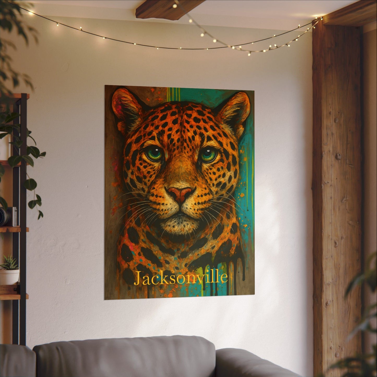 Colorful painting of a leopard on a wall in a room with a couch and string lights.
