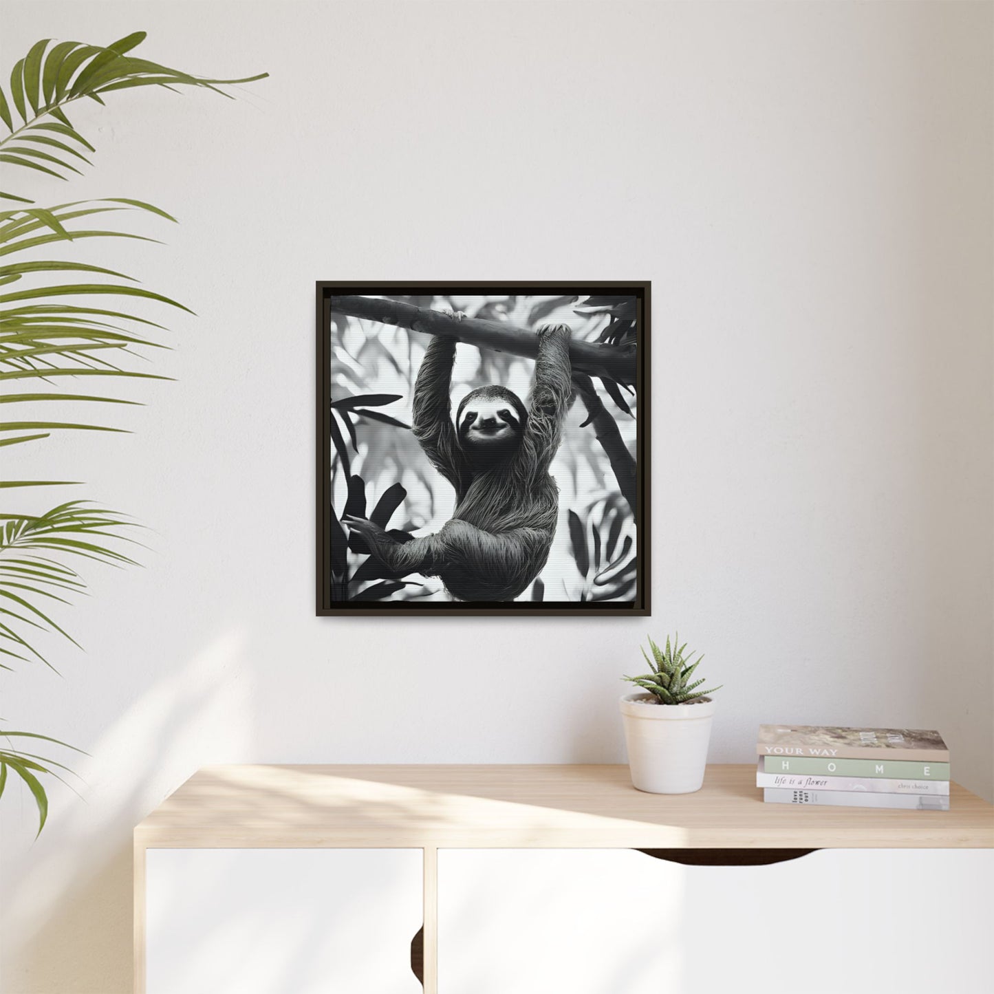 Playful Sloth Hanging from Tree Branch Black & White Animal Wall Art, Cute Sloth Photography Print, Jungle Theme Home Deco