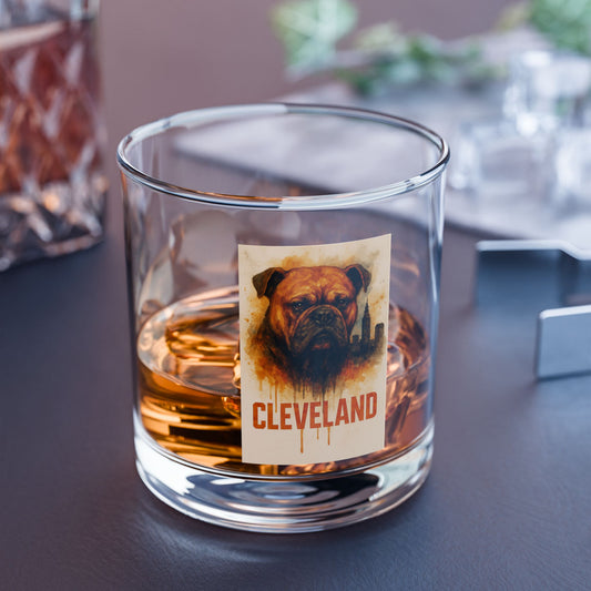 Cleveland Dawg Rocks Glass, 10 oz Whiskey Glass, Bulldog Barware Gift, Cleveland Football Fan Gift, Etched-Style Grunge Dog Design