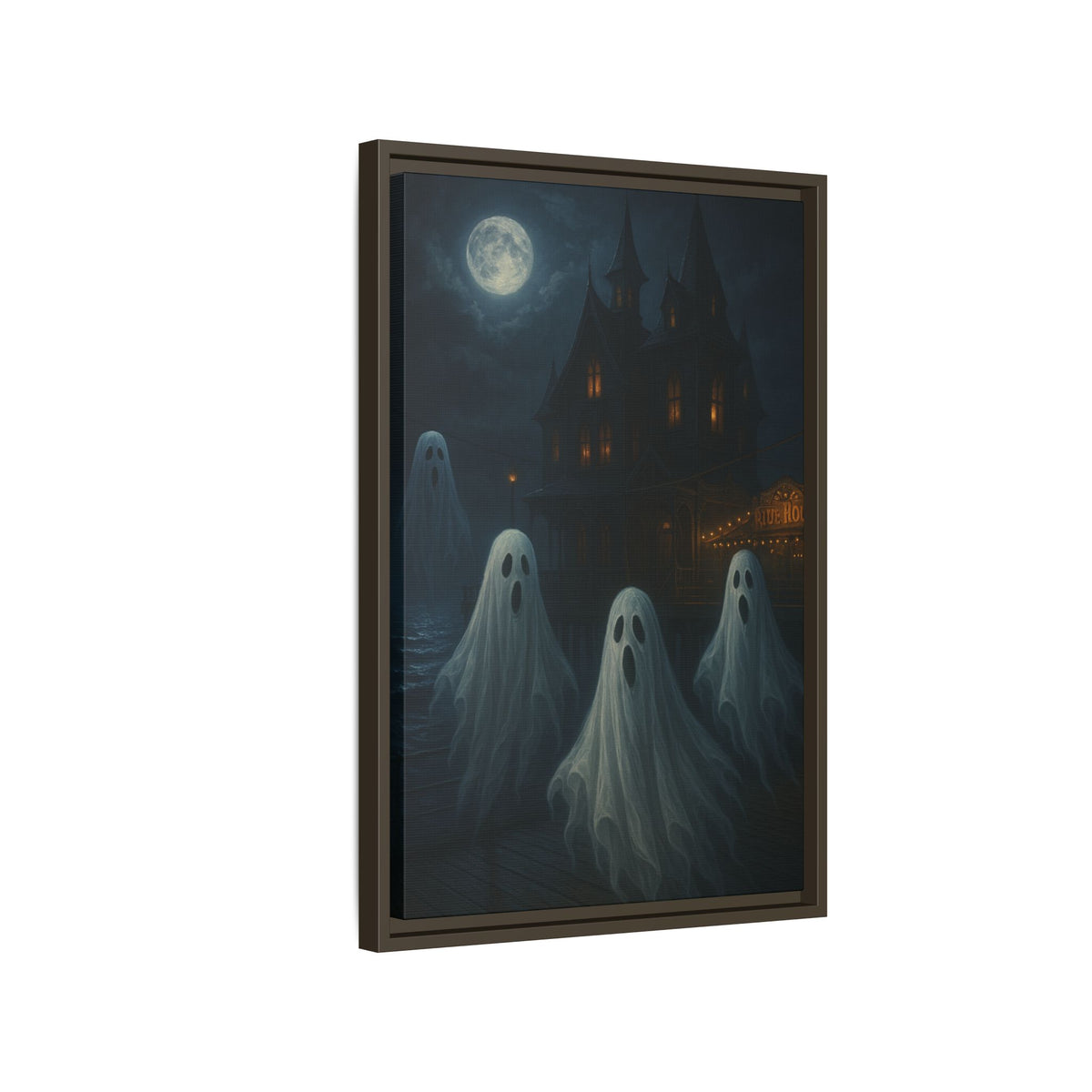 Haunted House Ghost Canvas Wall Art – Spooky Halloween Framed Art, Vintage Horror Decor, Gothic Night Scene Print