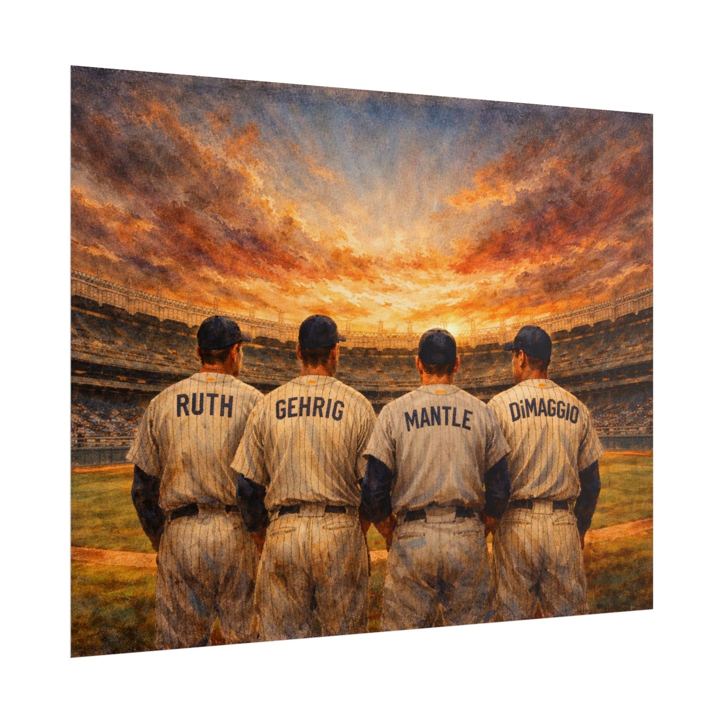 New York sports legends in vintage uniforms facing a sunset at a stadium.