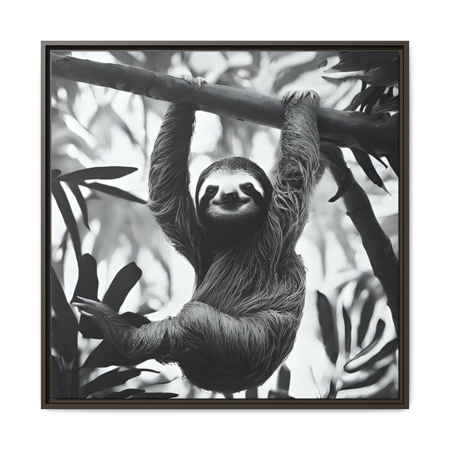 Playful Sloth Hanging from Tree Branch Black & White Animal Wall Art, Cute Sloth Photography Print, Jungle Theme Home Deco