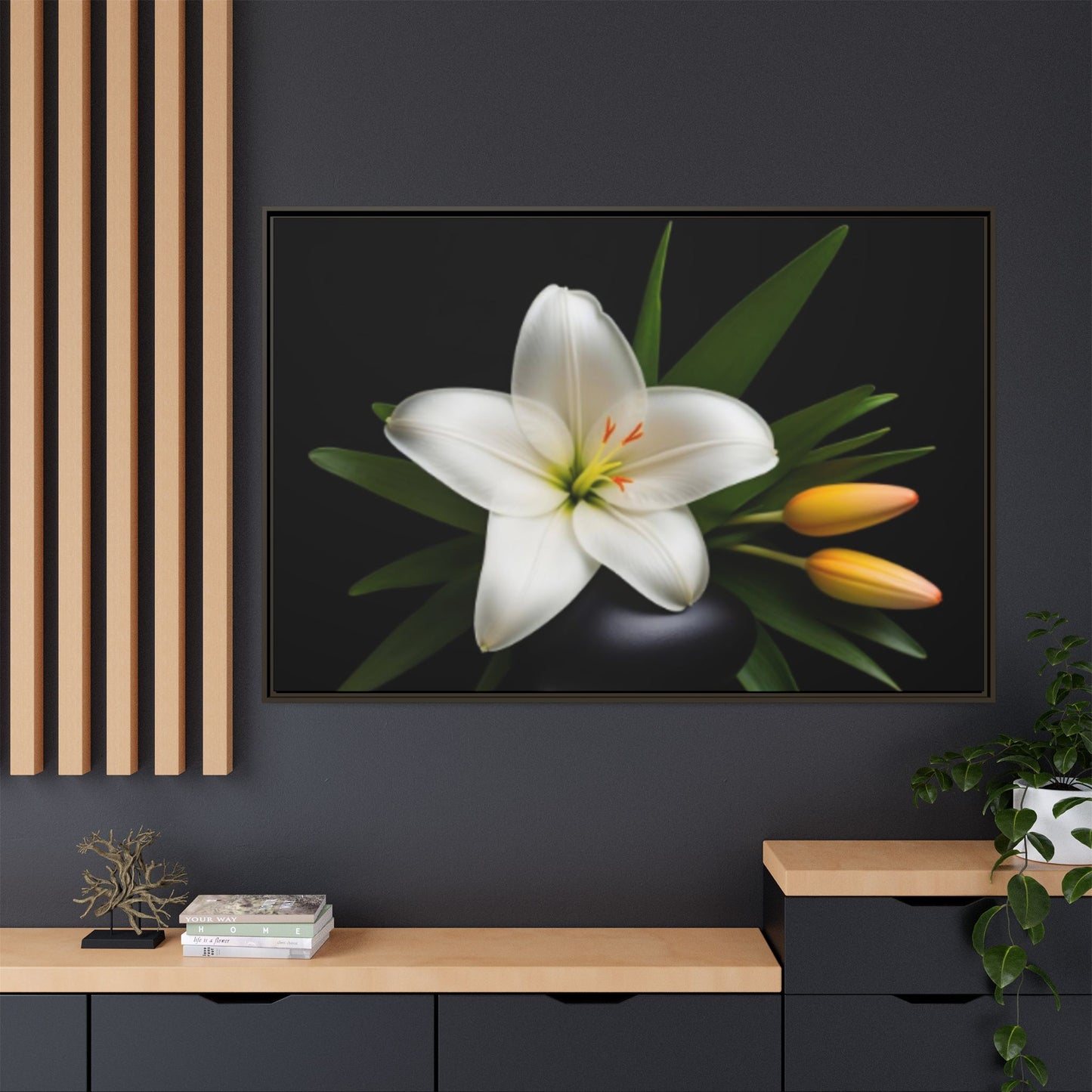 White Lily Wall Art Canvas Print Framed | Elegant Floral Wall Decor for Bedroom, Living Room, Bathroom