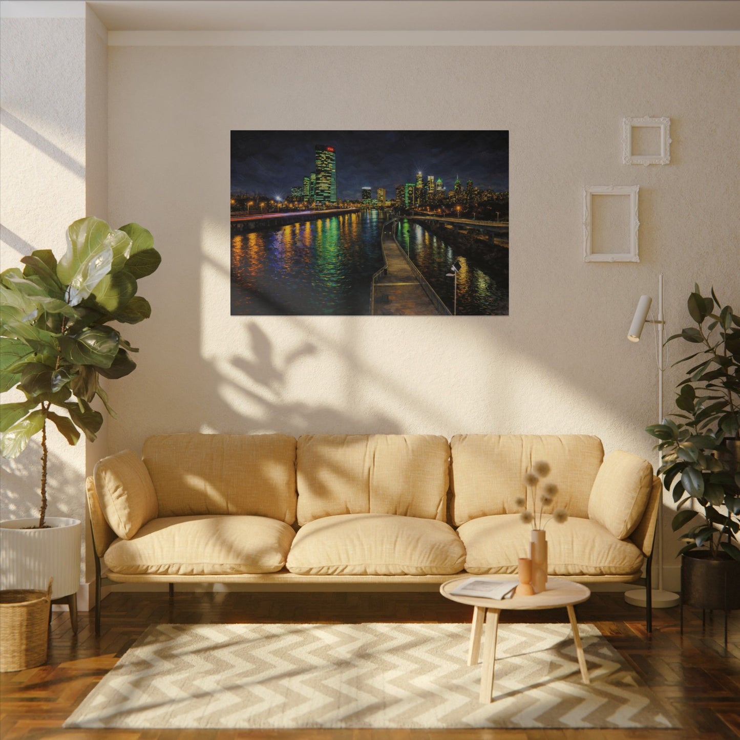 Living room with beige sofa, decorative table, and cityscape artwork on the wall.