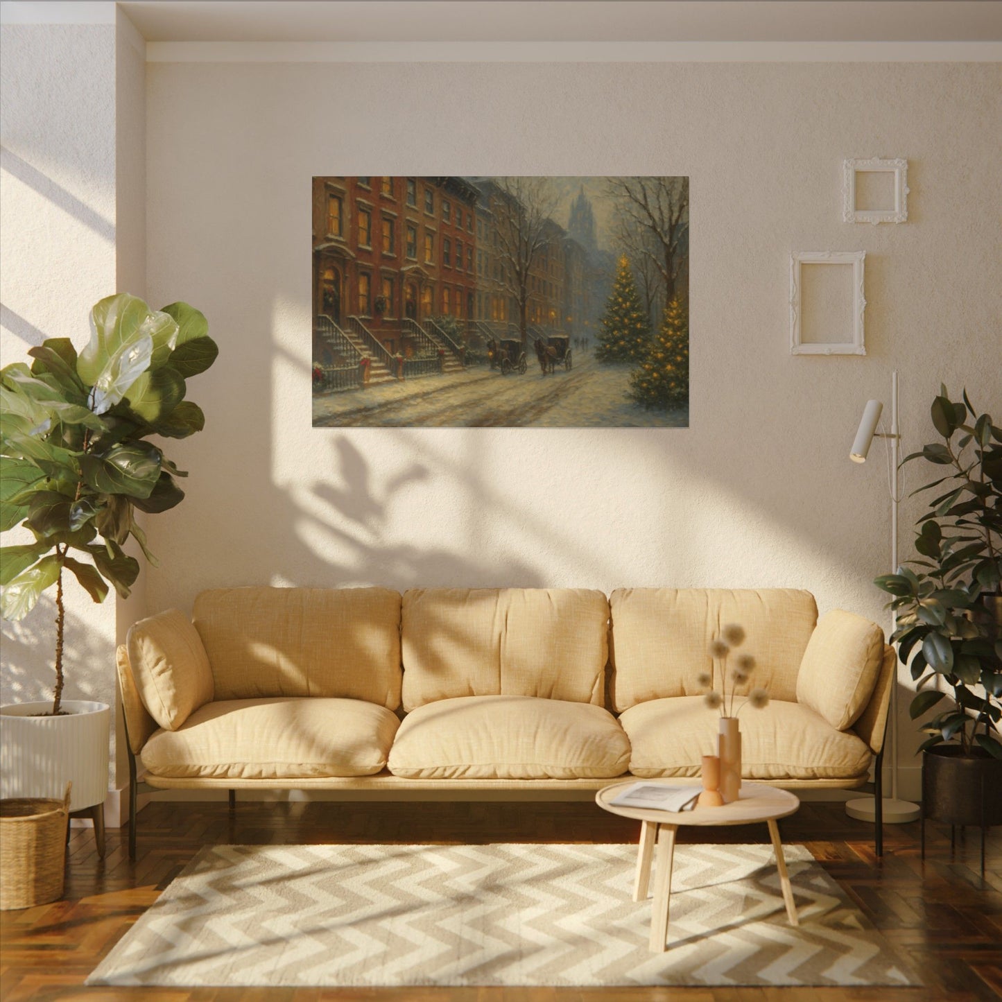 Living room with beige sofa, coffee table, and wall art of a city street scene.