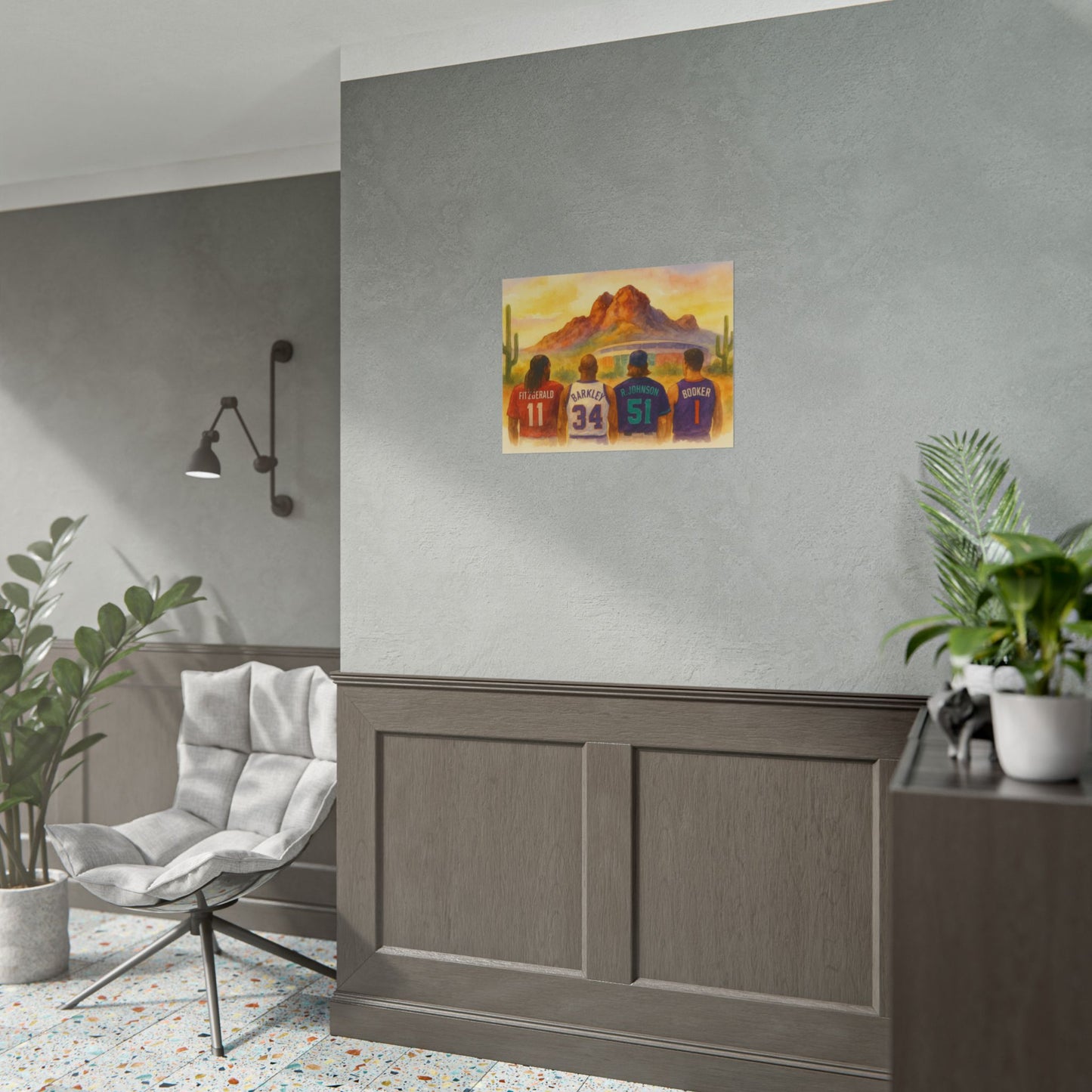 Colorful abstract painting on a gray wall with a modern interior setting.