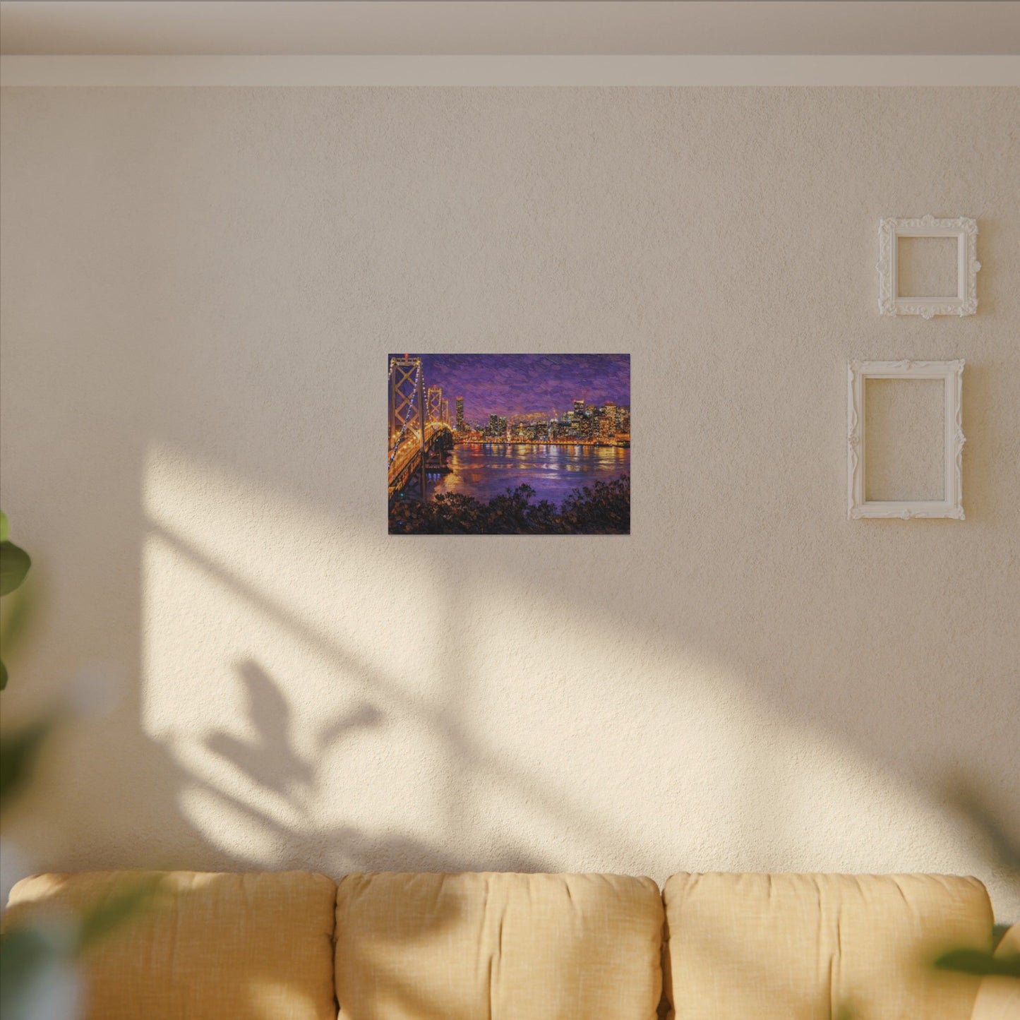 San Francisco Skyline Canvas Wall Art, Bay Bridge Night Painting, Impasto Style Artwork
