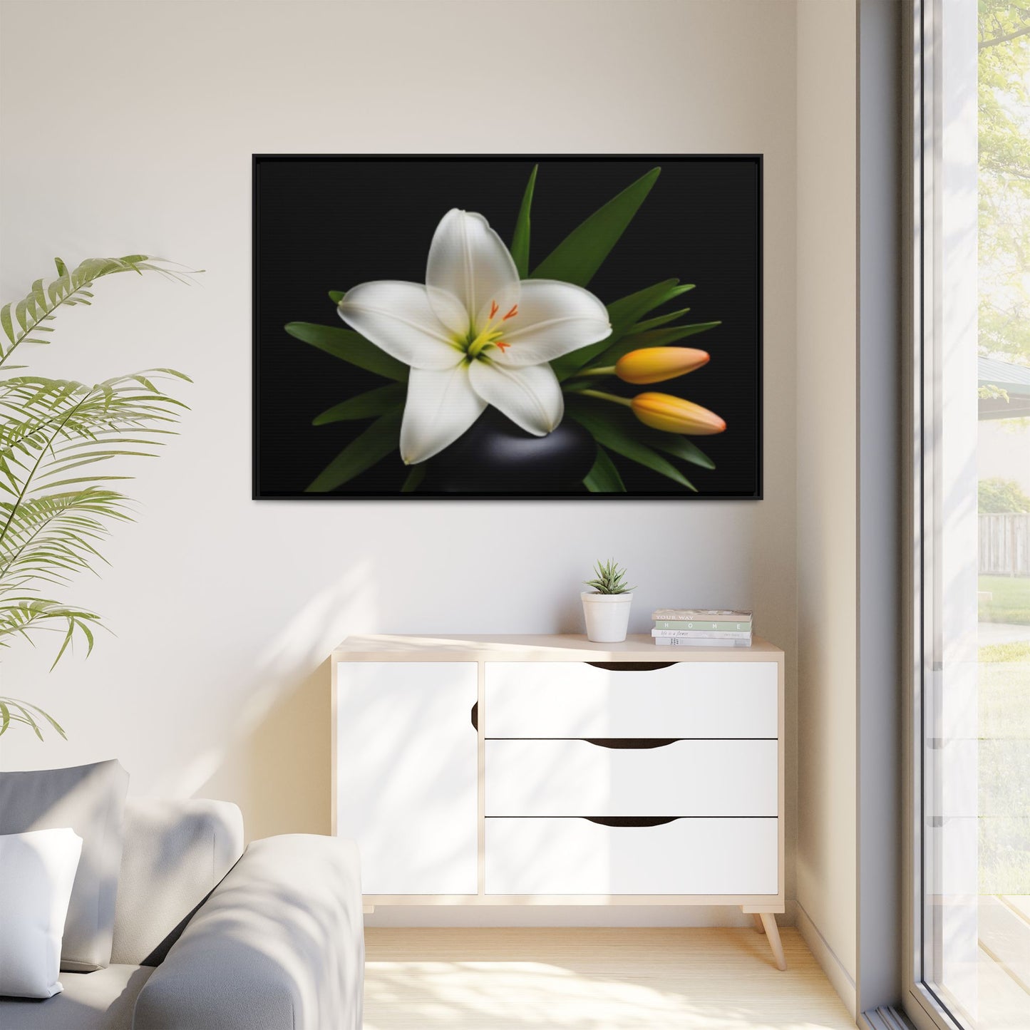 White Lily Wall Art Canvas Print Framed | Elegant Floral Wall Decor for Bedroom, Living Room, Bathroom