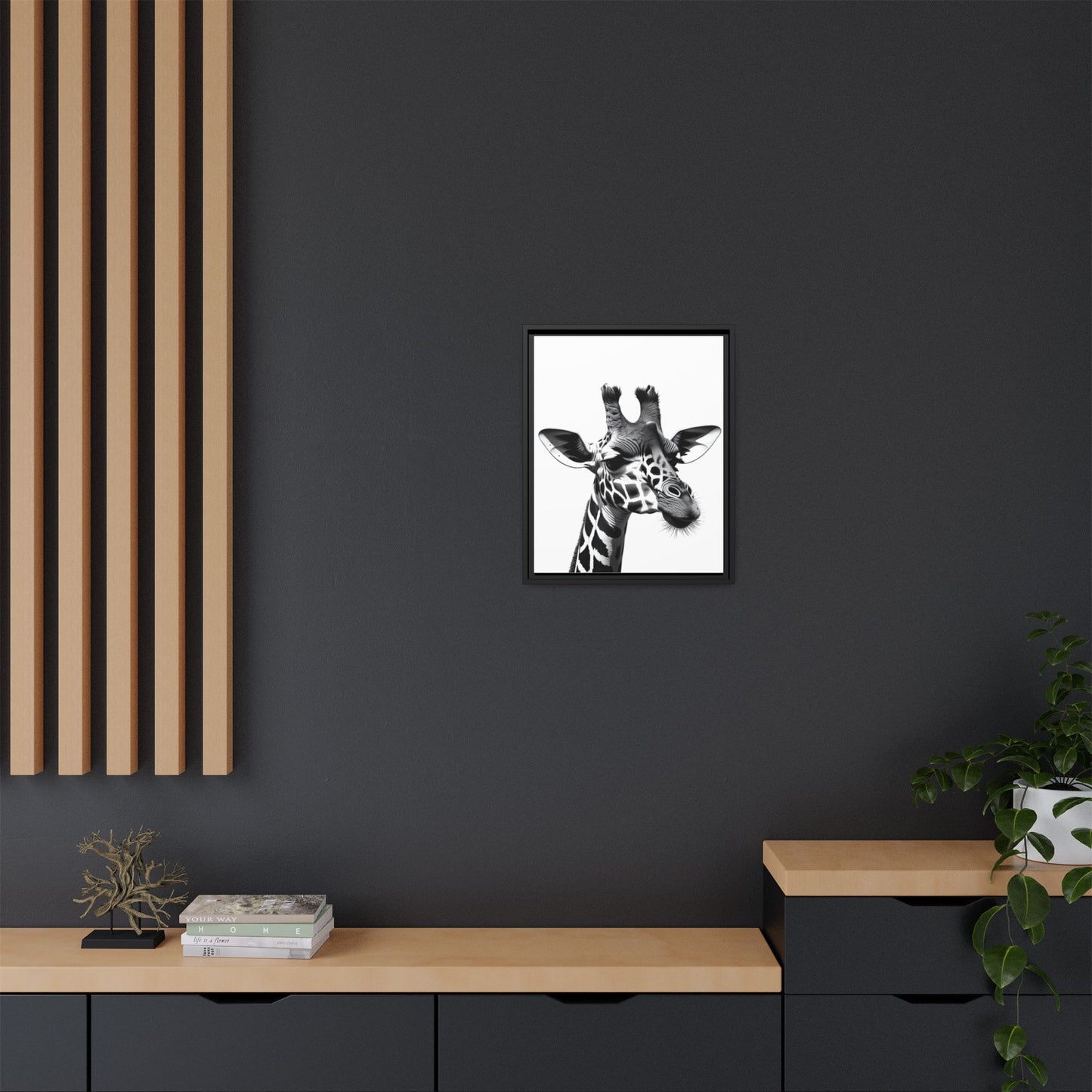 Black and White Giraffe Wall Art – Framed Safari Animal Canvas Print