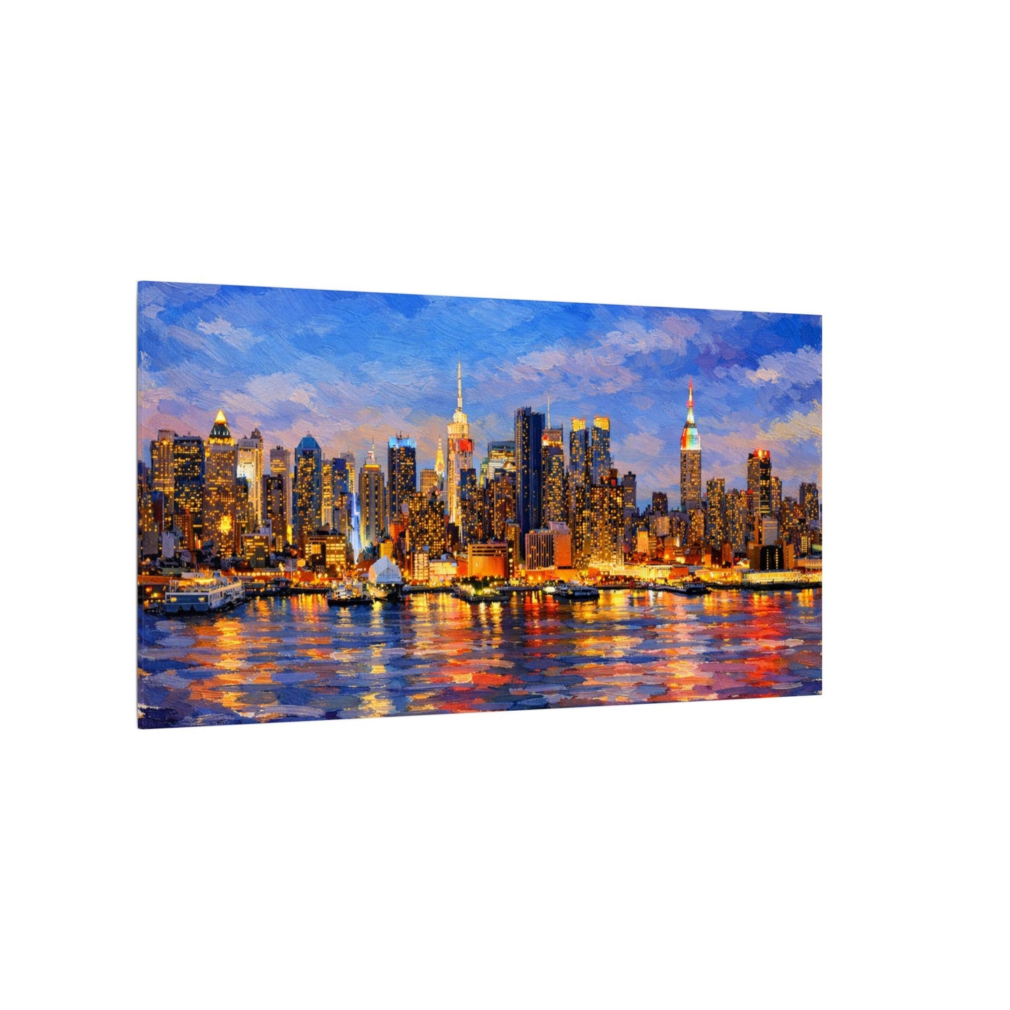 New York City Skyline Canvas Wall Art – Night Waterfront Impasto Cityscape Painting